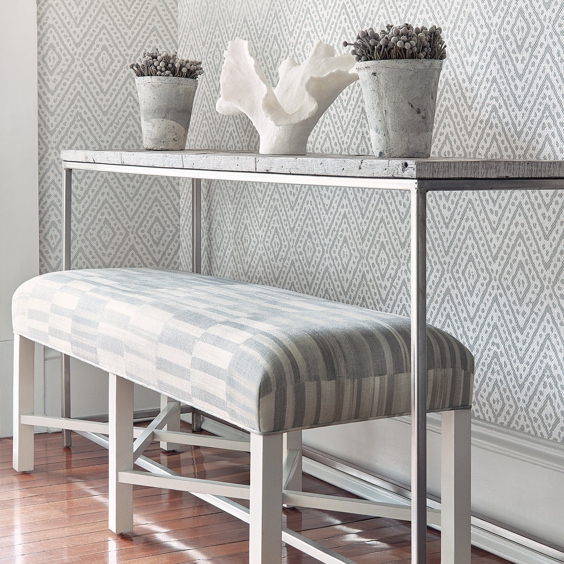 Bellwood Bench in Tansman printed fabric in Grey - pattern number AF78733 - by Anna French in the Palampore collection