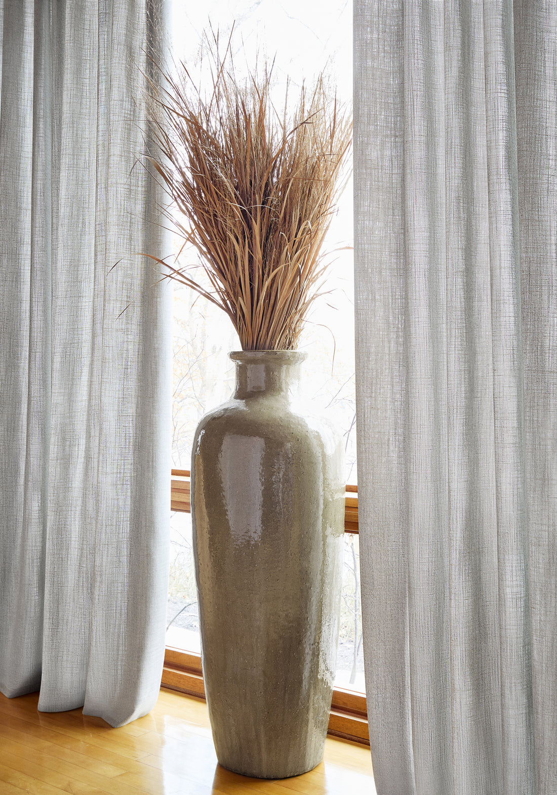 Terra Linen wide woven fabric drapes in pebble color - pattern number FWW7677 - by Thibaut in the Palisades collection