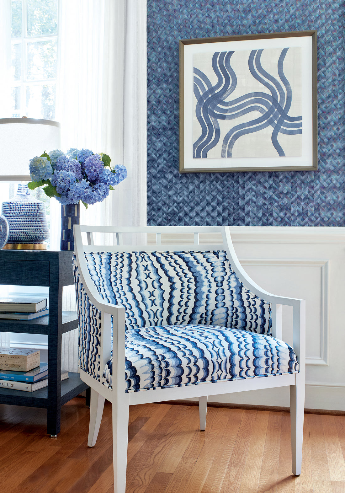 Malibu Chair in Ebru Embroidery woven fabric in blue color - pattern number W72982 by Thibaut in the Paramount collection