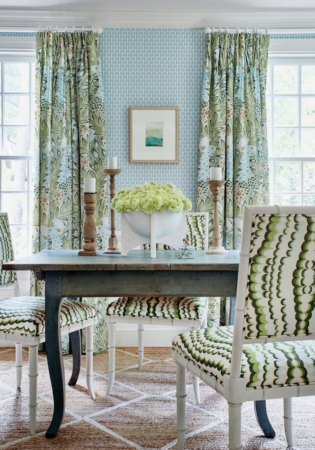 Darien Dining Chairs in Ebru Embroidery woven fabric in green color - pattern number W72984 by Thibaut in the Paramount collection