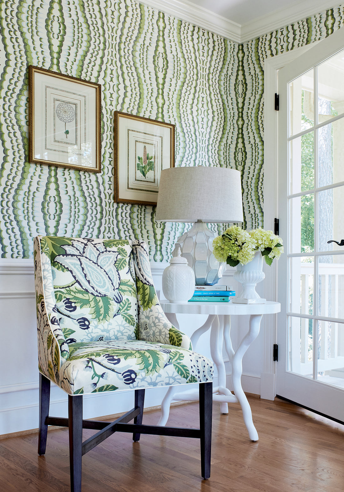 Hayden Dining Chair in Mitford printed fabric in green and white color - pattern number F92949 by Thibaut in the Paramount collection