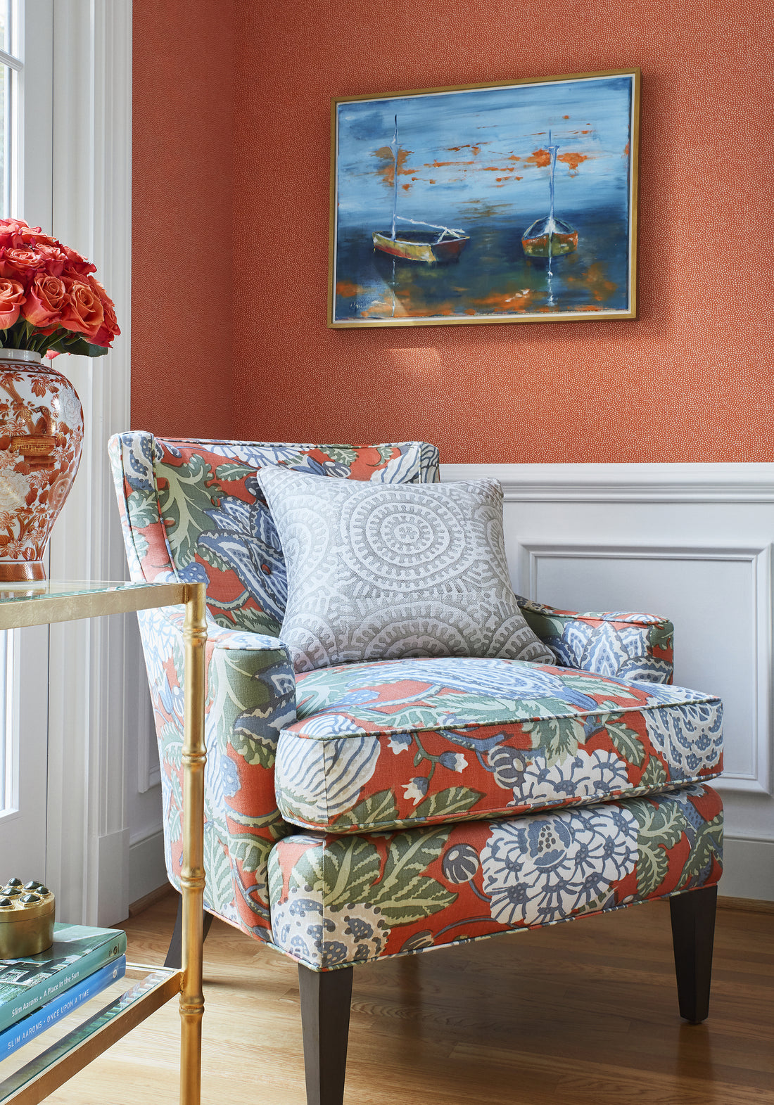 Emerson Chair in Mitford printed fabric in orange color - pattern number F92945 by Thibaut in the Paramount collection