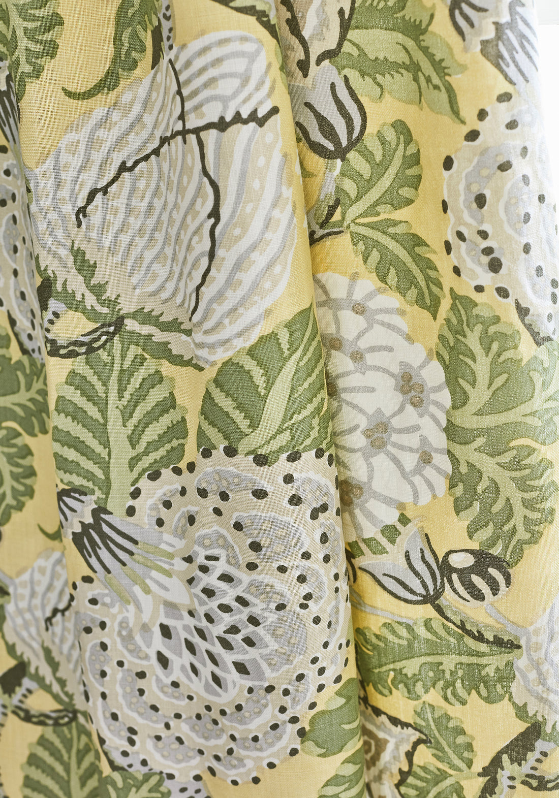 Detailed Mitford printed fabric in yellow color, pattern number F92947 of the Thibaut Paramount collection