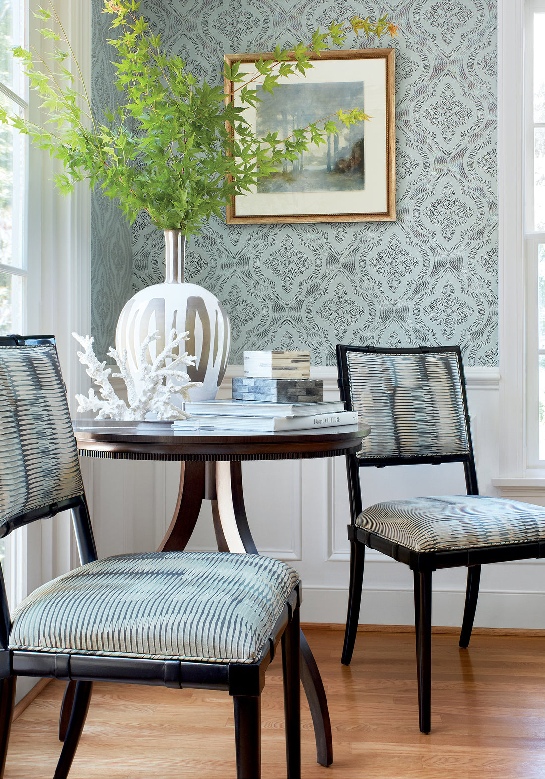 Greenwich Dining Chairs in Alcantara printed fabric in aqua and black color - pattern number F92953 by Thibaut in the Paramount collection