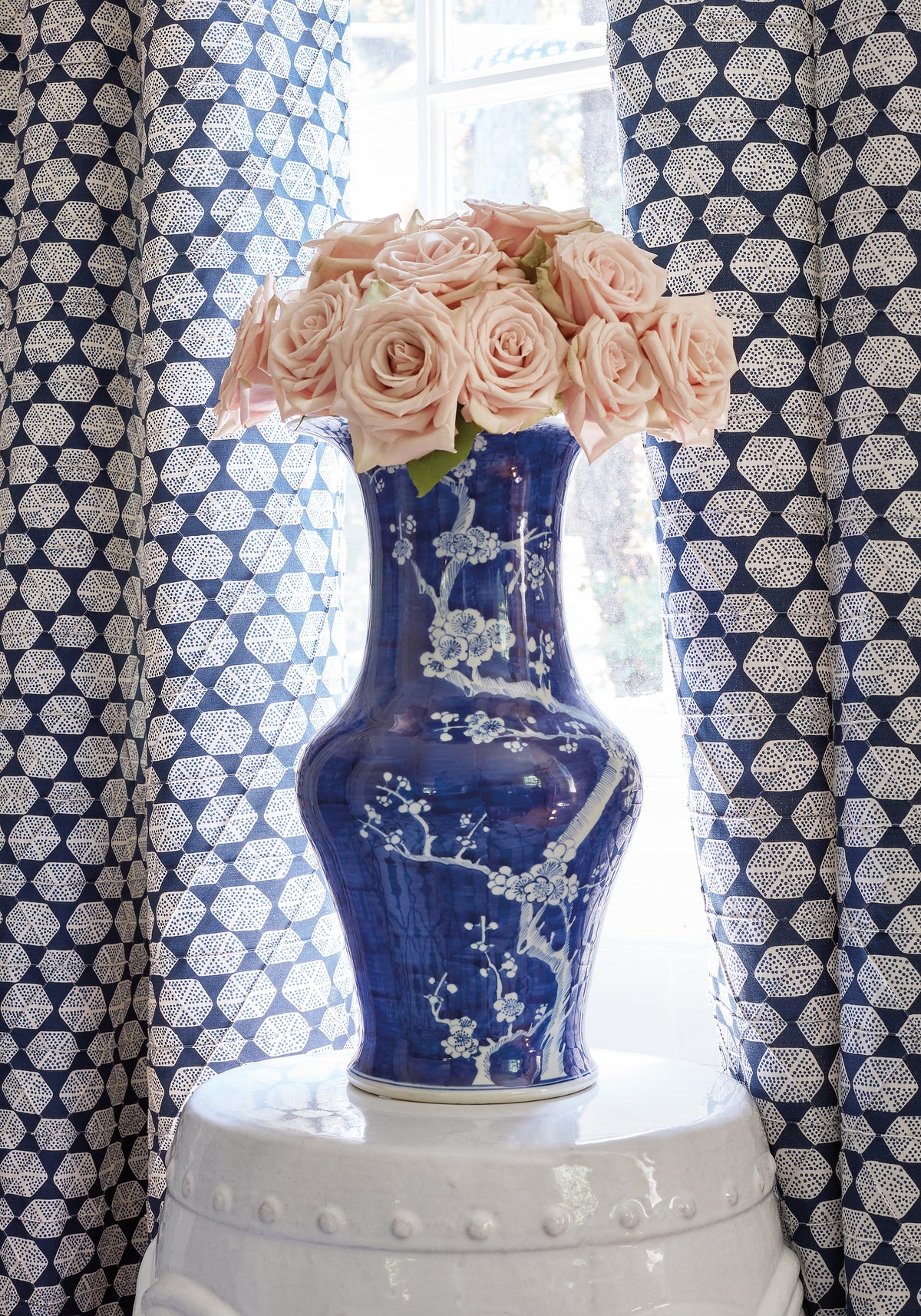 Detailed Parada printed fabric in navy color, pattern number F92923 of the Thibaut Paramount collection