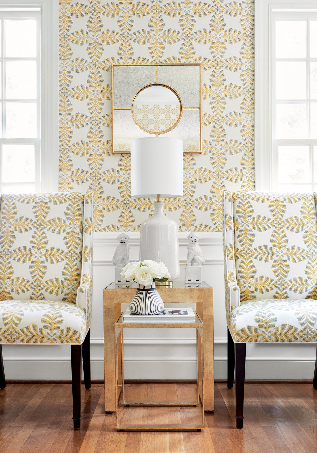 Hudson Dining Chair in Starleaf printed fabric in yellow color - pattern number F92970 by Thibaut in the Paramount collection