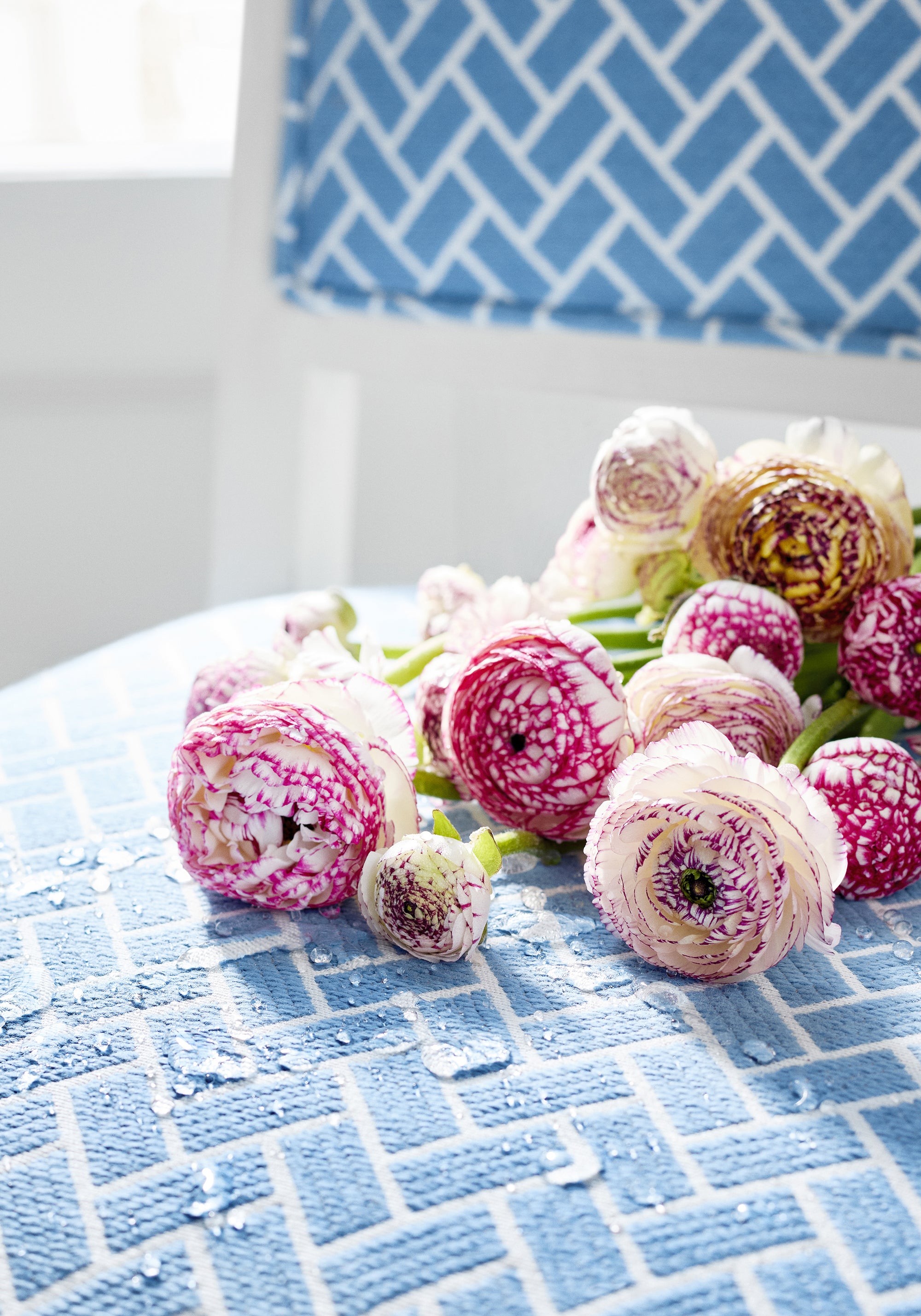 Stain resistant finish on Cobblestone fabric in cornflower color - pattern number W74221 - by Thibaut