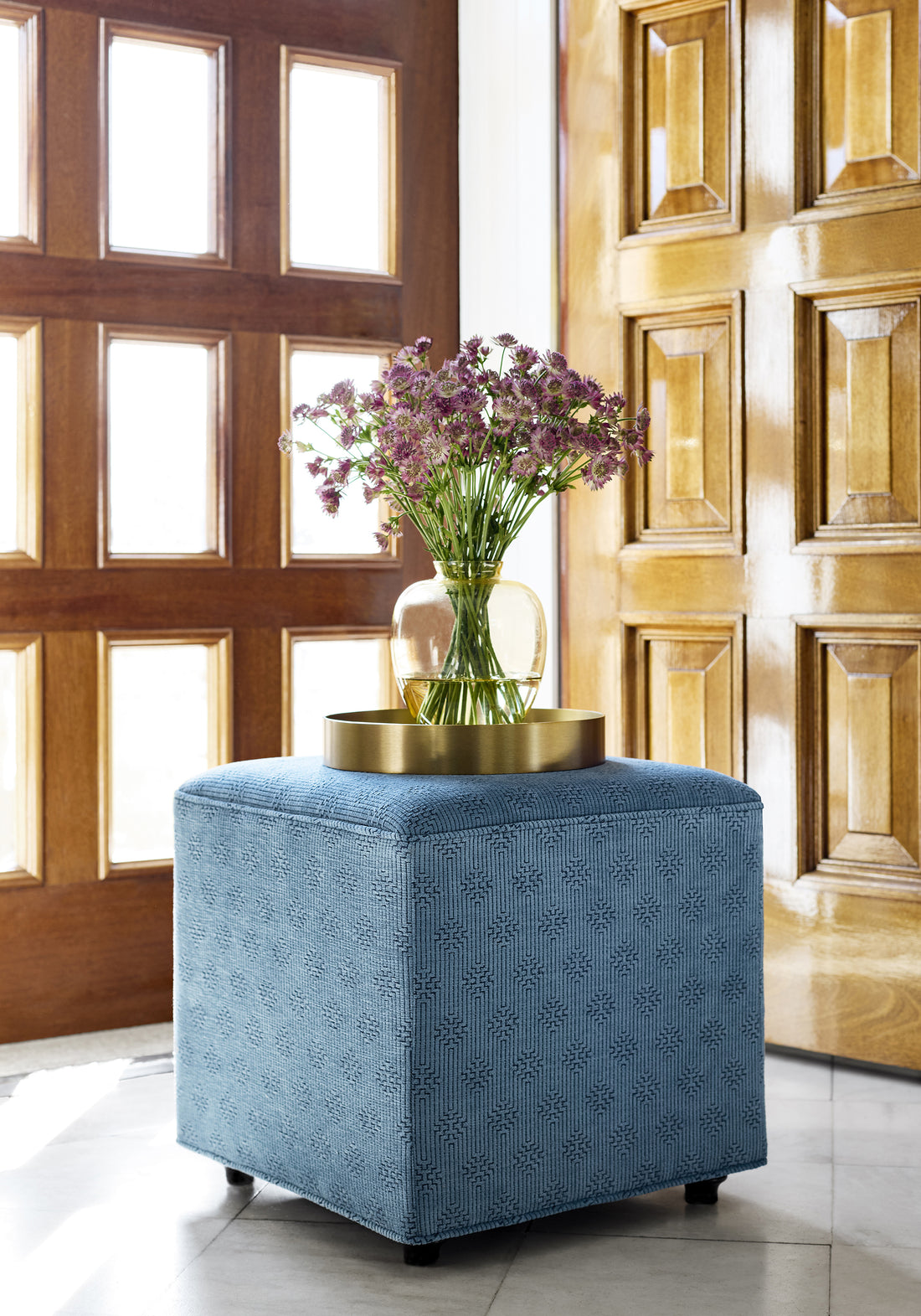 Fair and Square Ottoman in Crete woven fabric in Lake color - pattern number W74210 - by Thibaut in the Passage collection