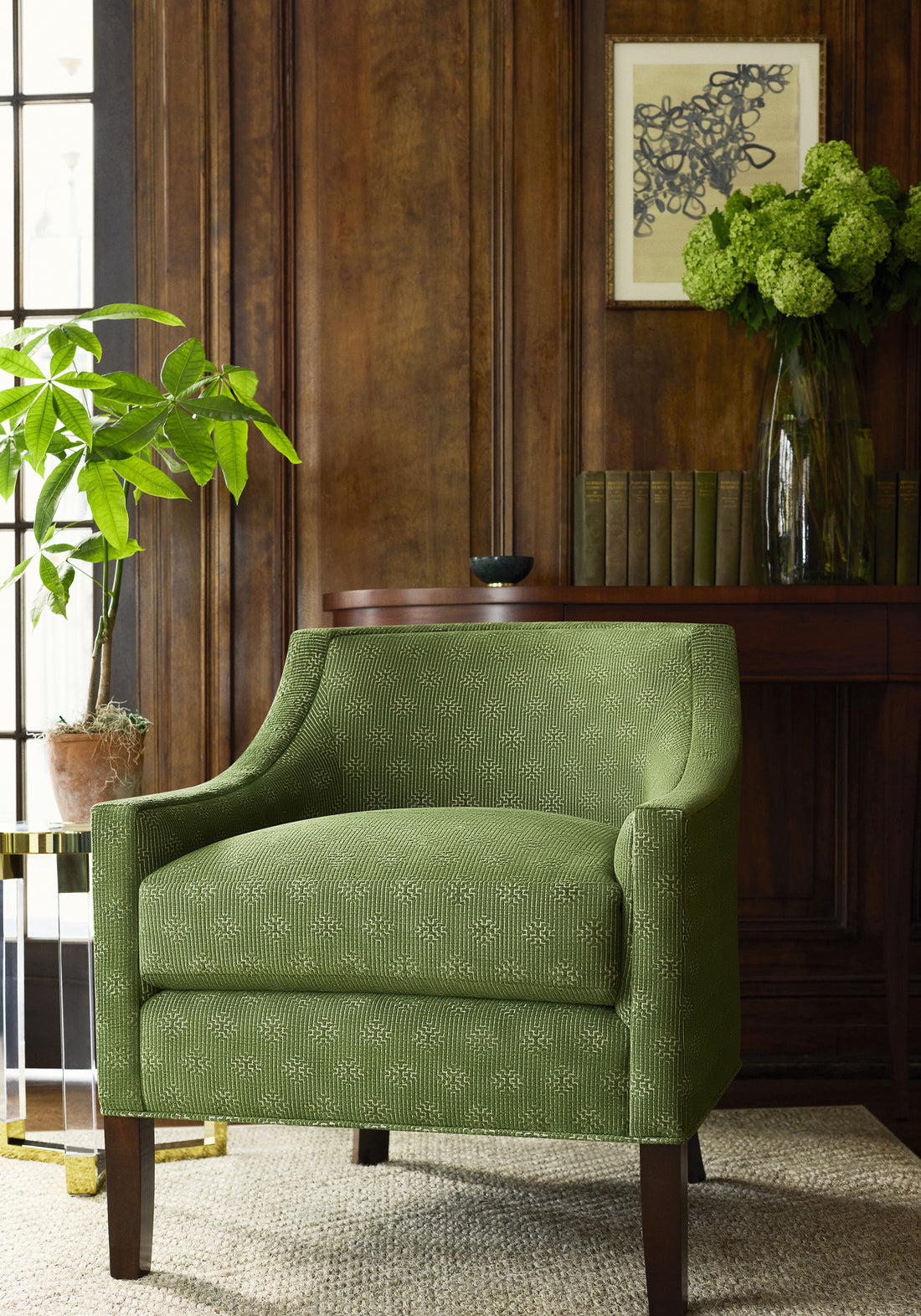 Everett Chair in Crete woven fabric in olive color - pattern number W74211 - by Thibaut in the Passage collection