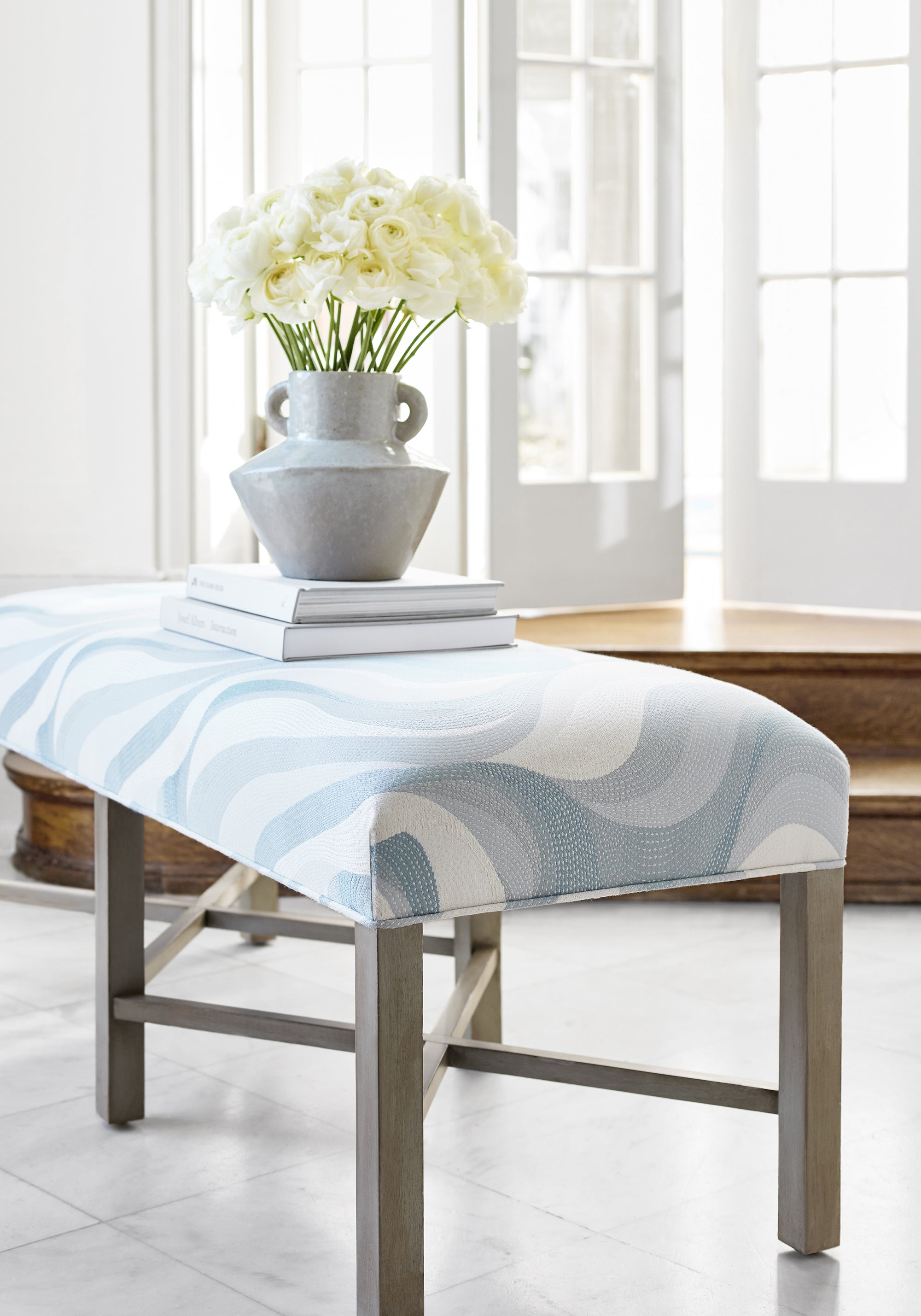 Bellwood Bench in Passage woven fabric in Glacier color by Thibaut fabric