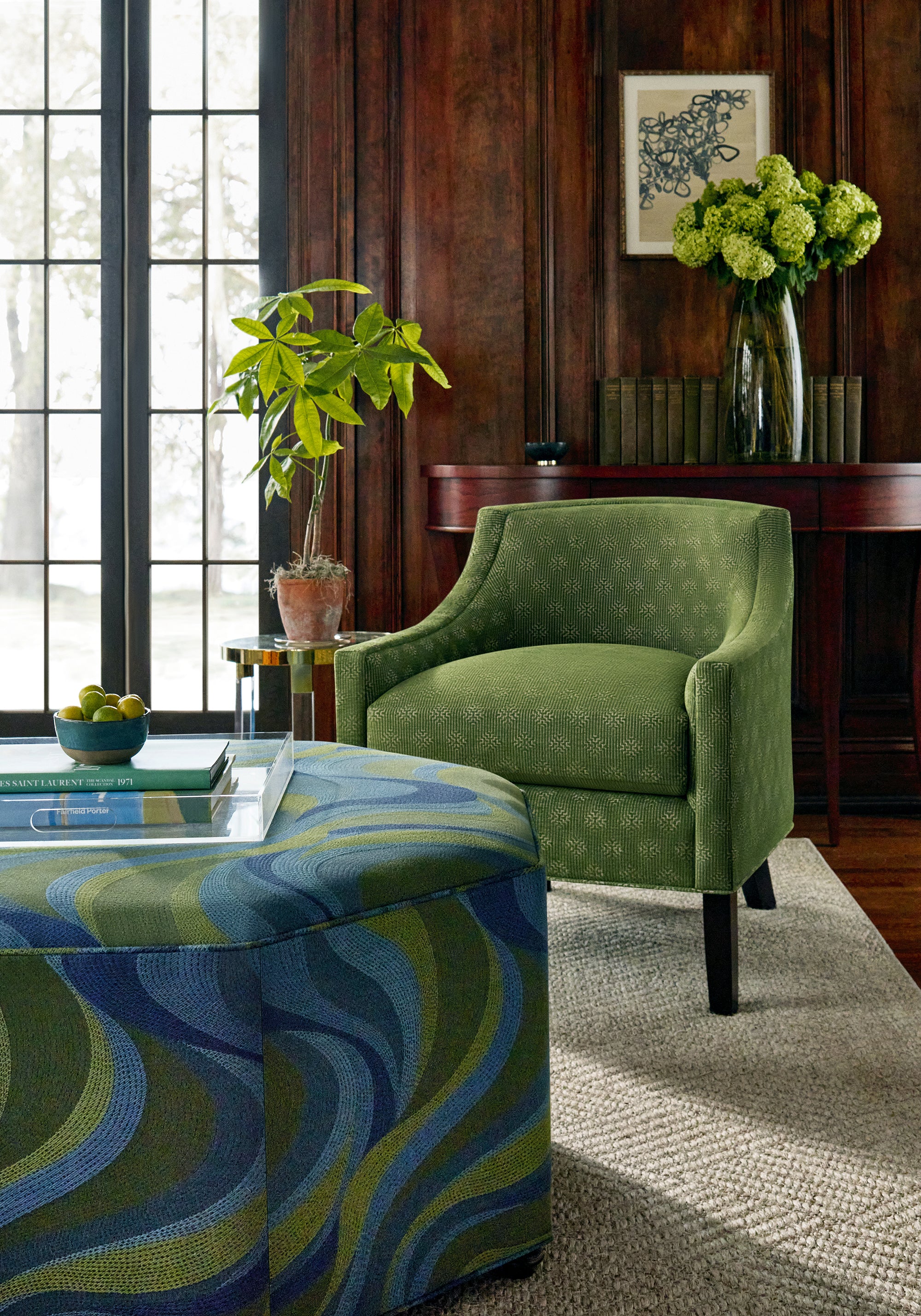 Octavio Ottoman in Passage woven fabric in Lagoon color by Thibaut fabrics