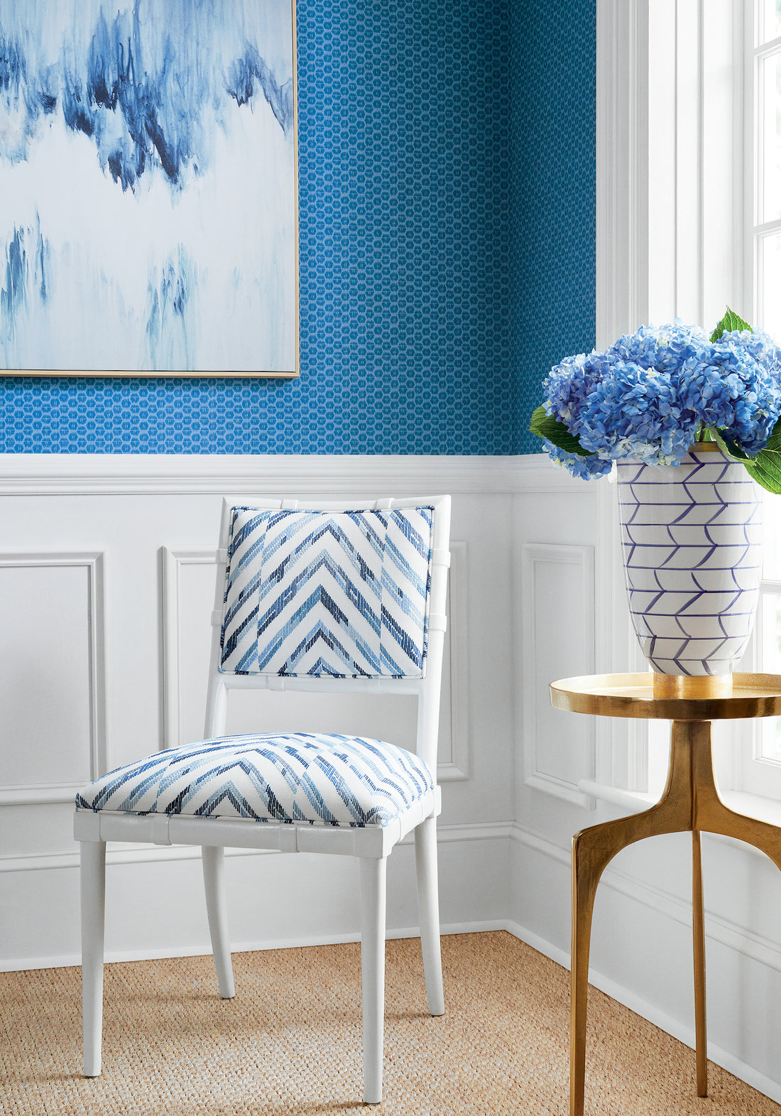 Greenwich Dining Chair upholstered in Thibaut Hamilton Embroidery woven fabric in Blue and White color