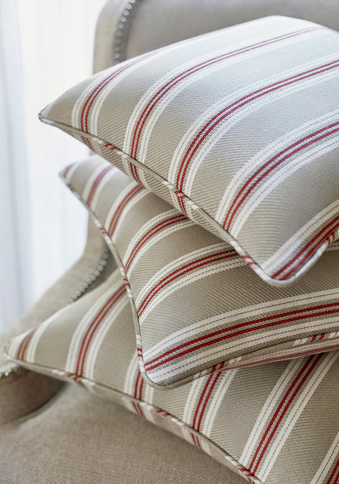 Detailed Colonnade Stripe woven fabric pillows in cardinal color - pattern number W80736 by Thibaut in the Woven Resource Vol 11 Rialto collection