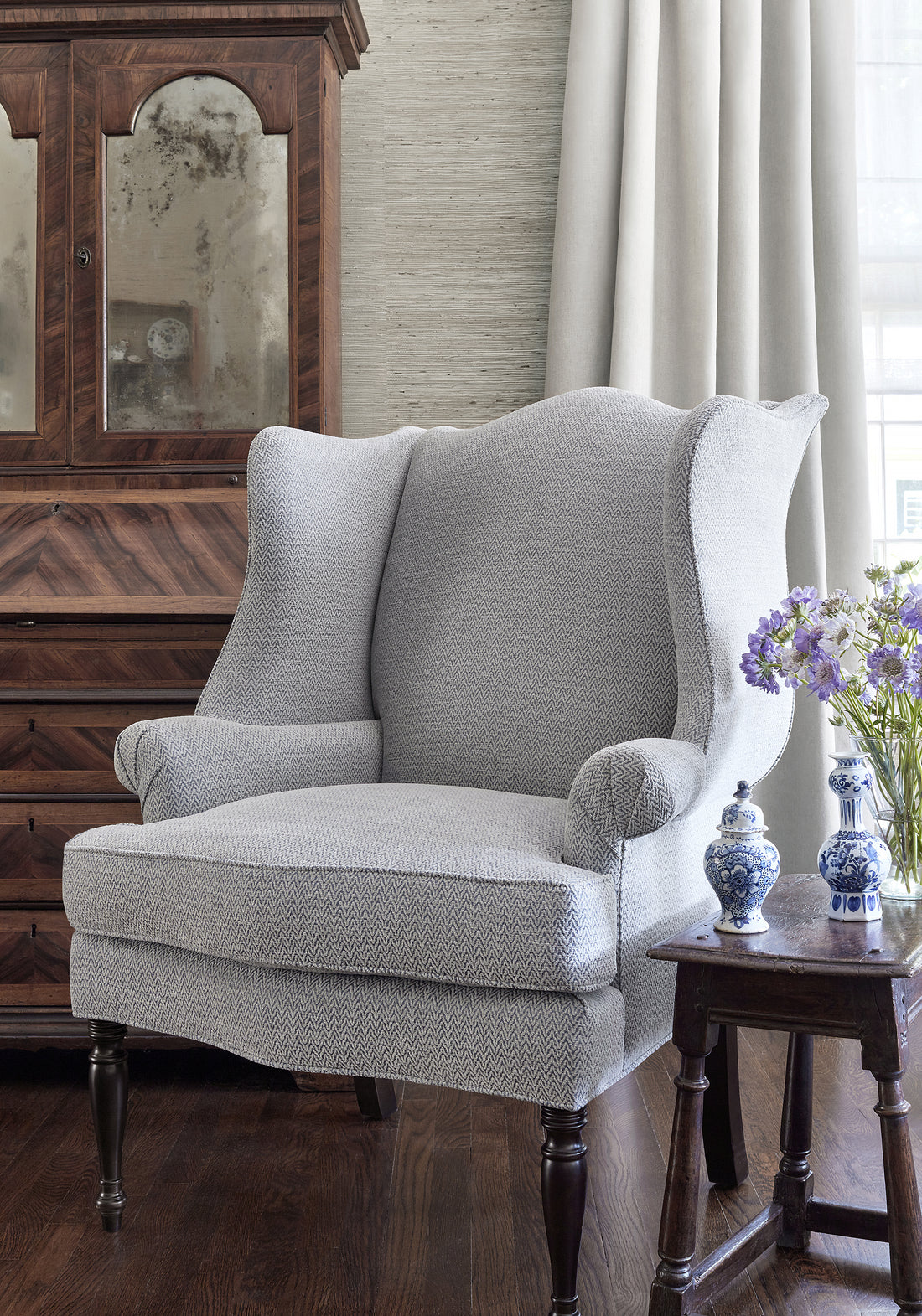 Dartmouth Wing Chair in Beatrix woven fabric in slate color - pattern number W80603 by Thibaut in the Pinnacle collection