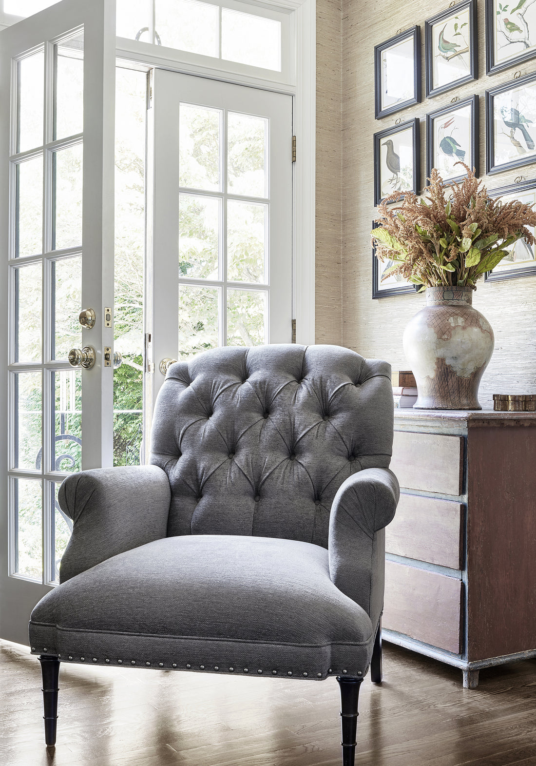 Cheverly Chair in Bronwyn Herringbone woven fabric in charcoal color - pattern number W80685 by Thibaut in the Pinnacle collection
