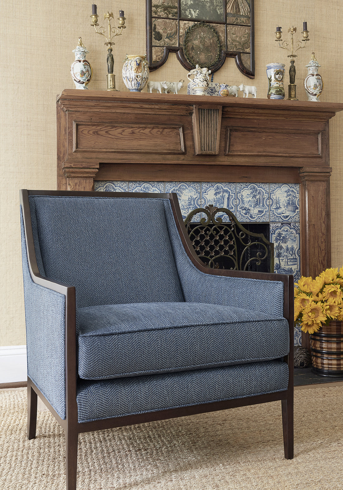 Pasadena Chair in Dalton Herringbone woven fabric in cadet color - pattern number W80626 by Thibaut in the Pinnacle collection