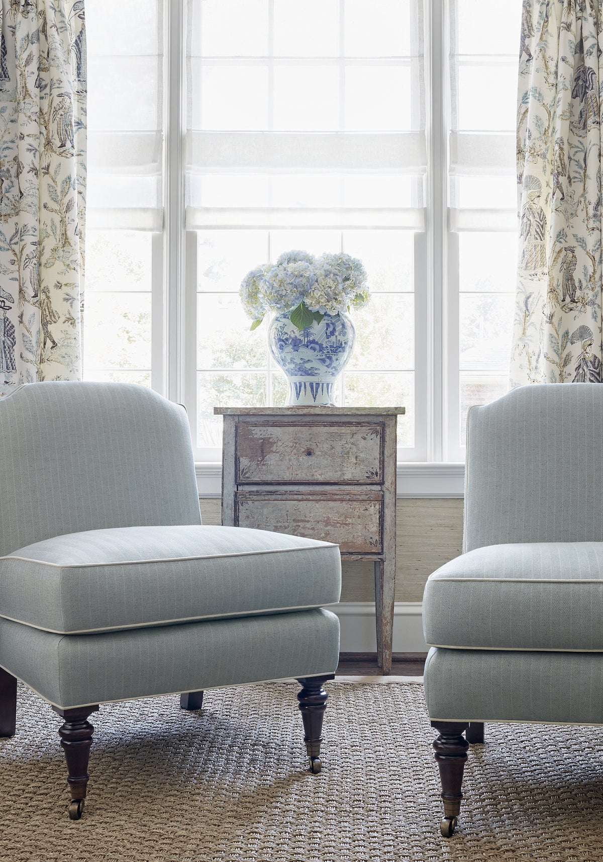 Charlotte Chair in Hamilton Herringbone woven fabric in aqua color - pattern number W80671 by Thibaut in the Pinnacle collection