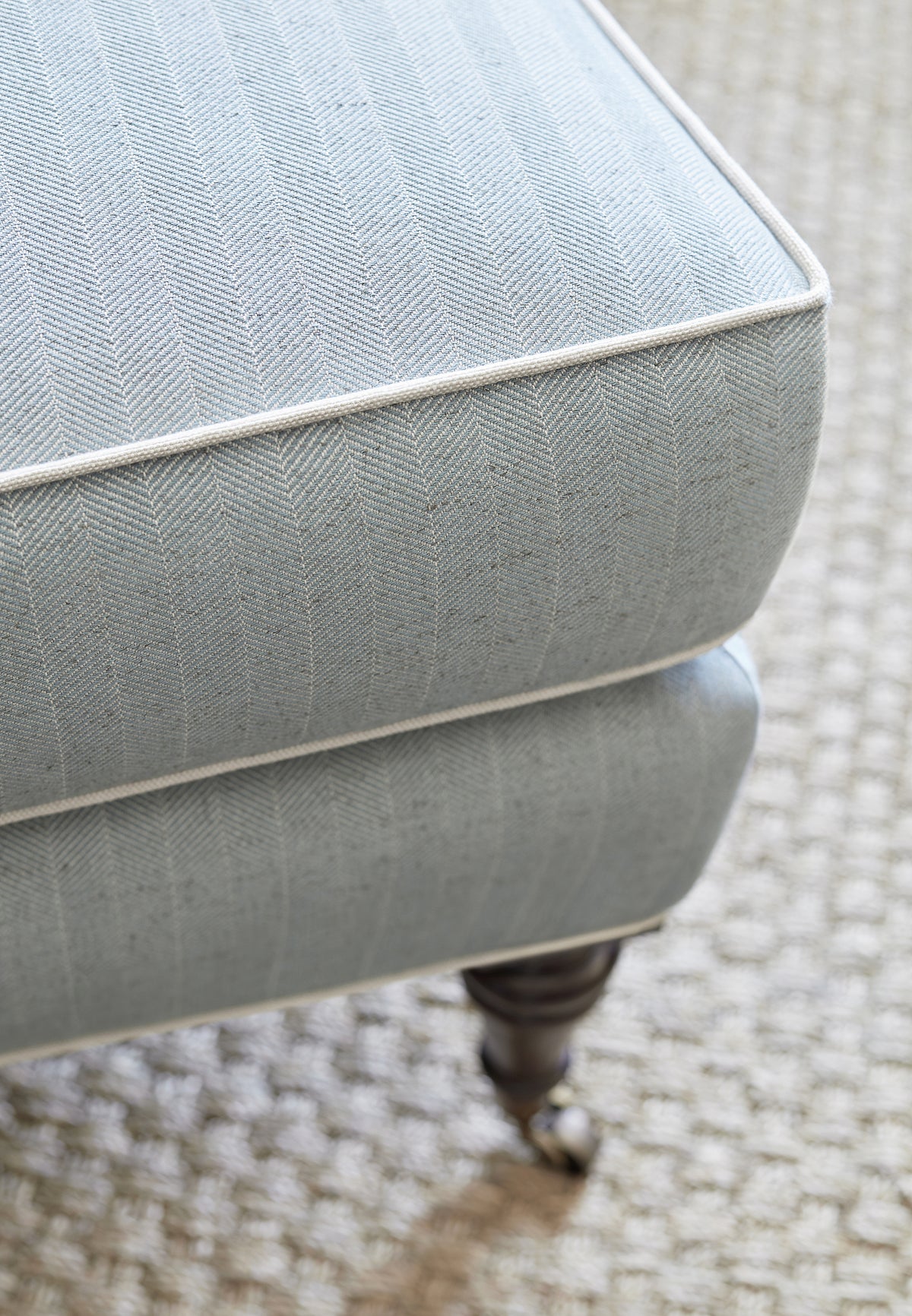 Detailed Hamilton Herringbone woven fabric in aqua color, pattern number W80671 of the Thibaut Pinnacle collection