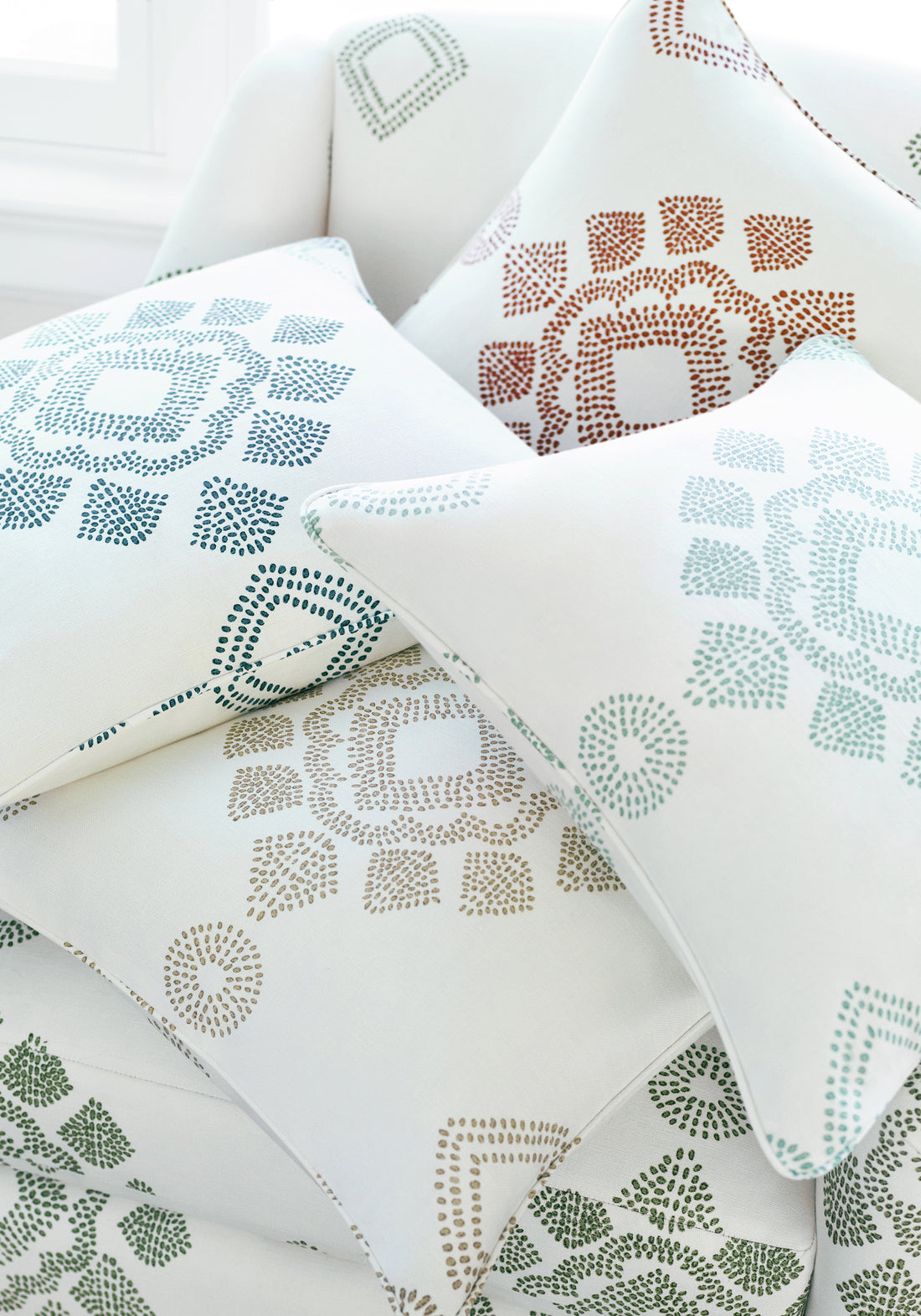 Pillows with Province Medallion fabric in seaglass color - pattern number F981320 - by Thibaut in the Montecito collection
