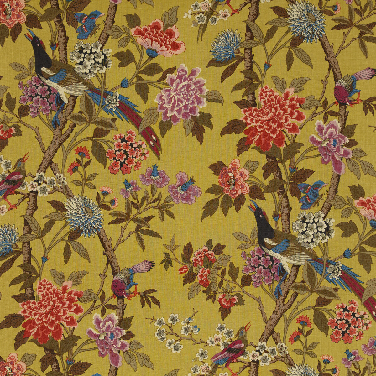 Hydrangea Bird fabric in mustard/mauve color - pattern R1355.1.0 - by G P & J Baker in the East To West collection