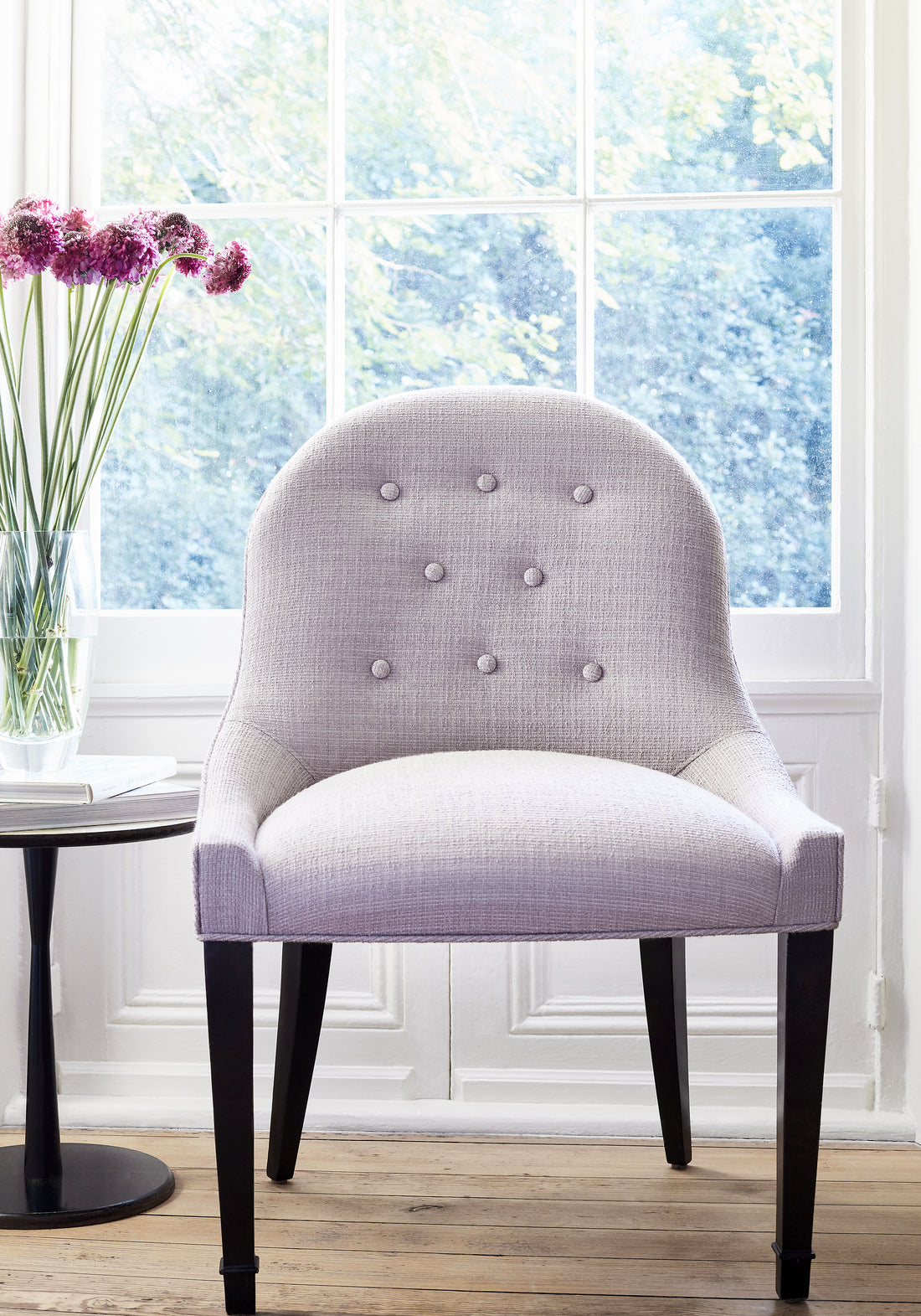 Frontal view of Melrose Dining Chair in Avery woven fabric in lilac color - pattern number W789136 - by Thibaut in the Reverie collection