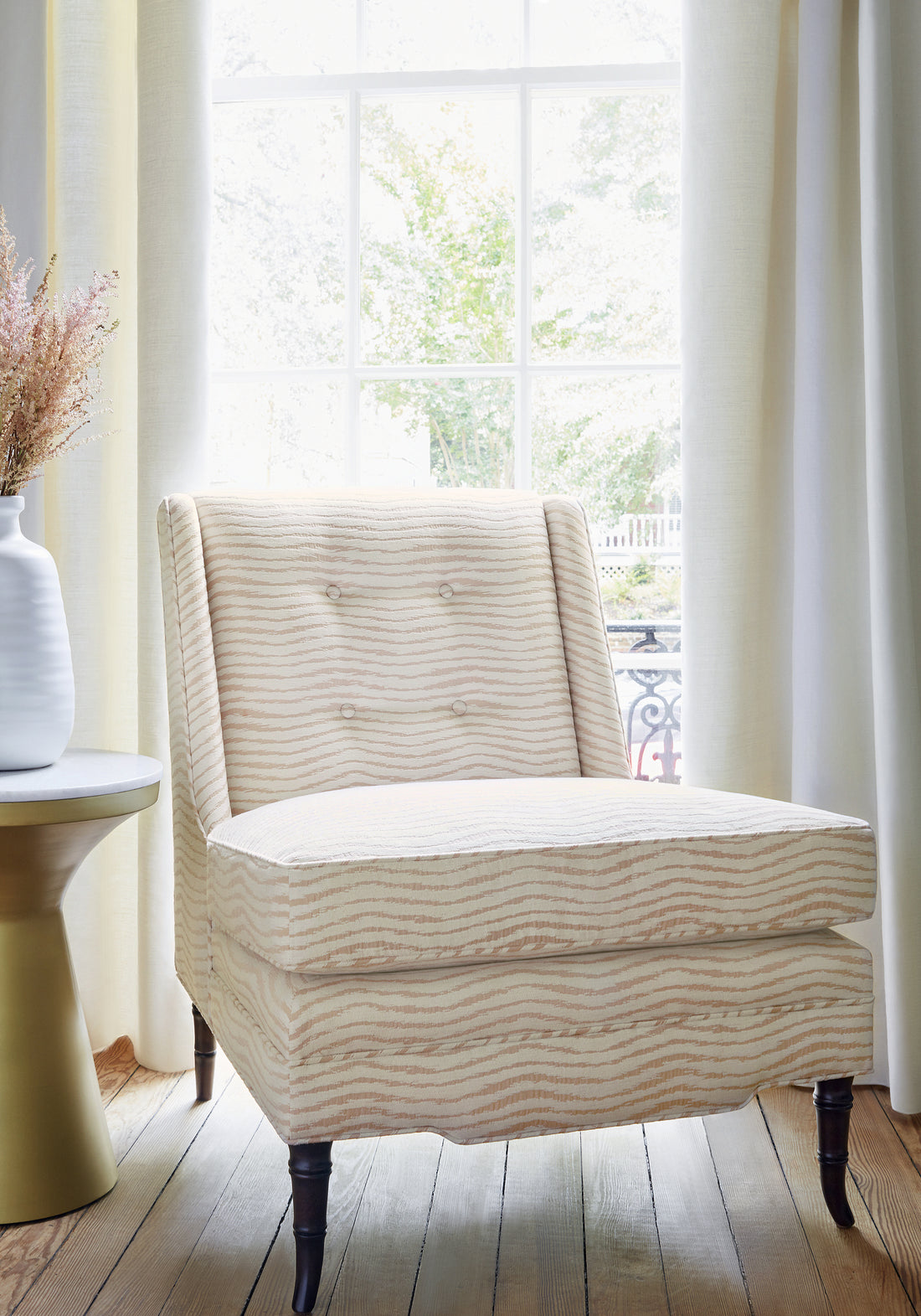 Frontal view of Bedford Chair in Capri woven fabric in blush color - pattern number W789150 - by Thibaut in the Reverie collection