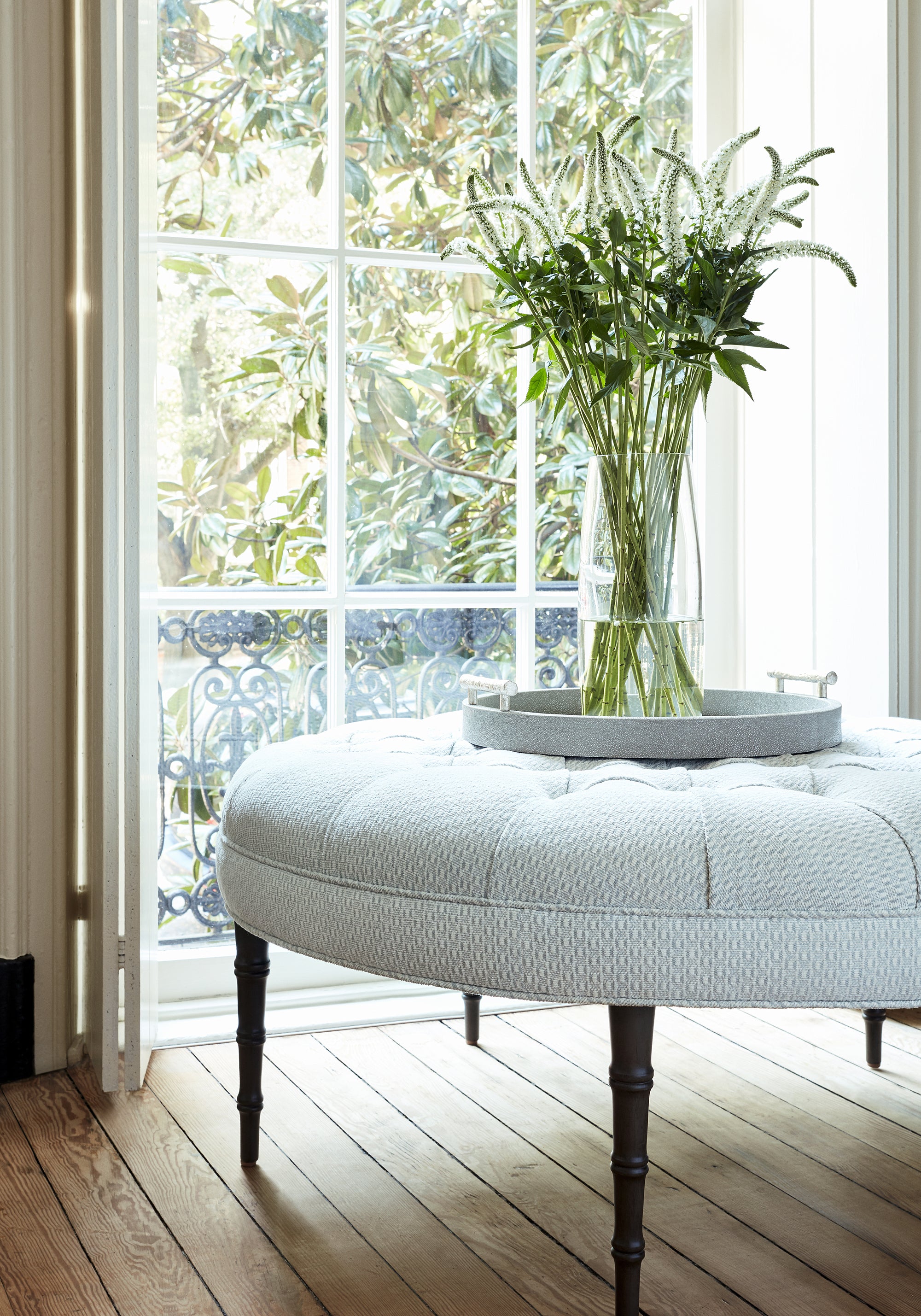 Avalon Ottoman in Emilie woven fabric in mineral color - pattern number W789141 - by Thibaut in the Reverie collection