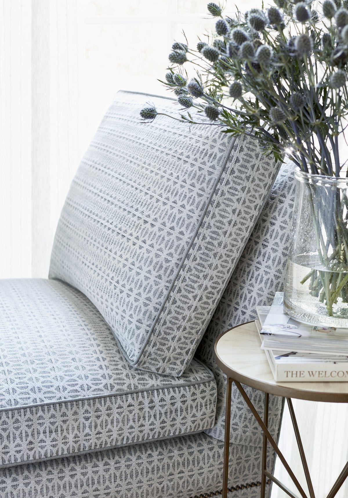 Detailed view of Mayfair Chair in Quinlan woven fabric in slate color - pattern number W789103 by Thibaut in the Reverie collection