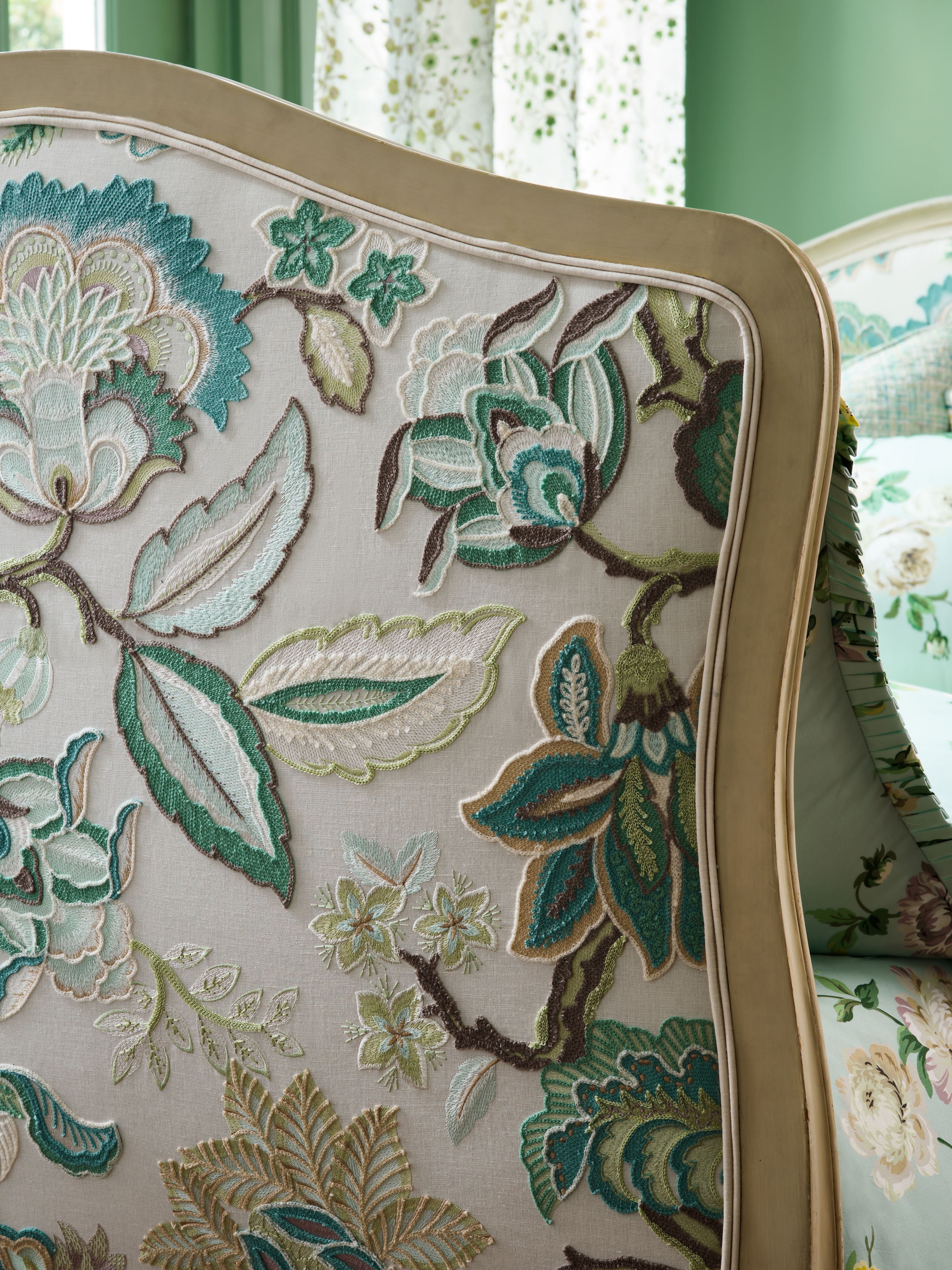 Hillside Crewel fabric in celadon color - pattern number S7 0002HILL - by Scalamandre in the Old World Weavers collection