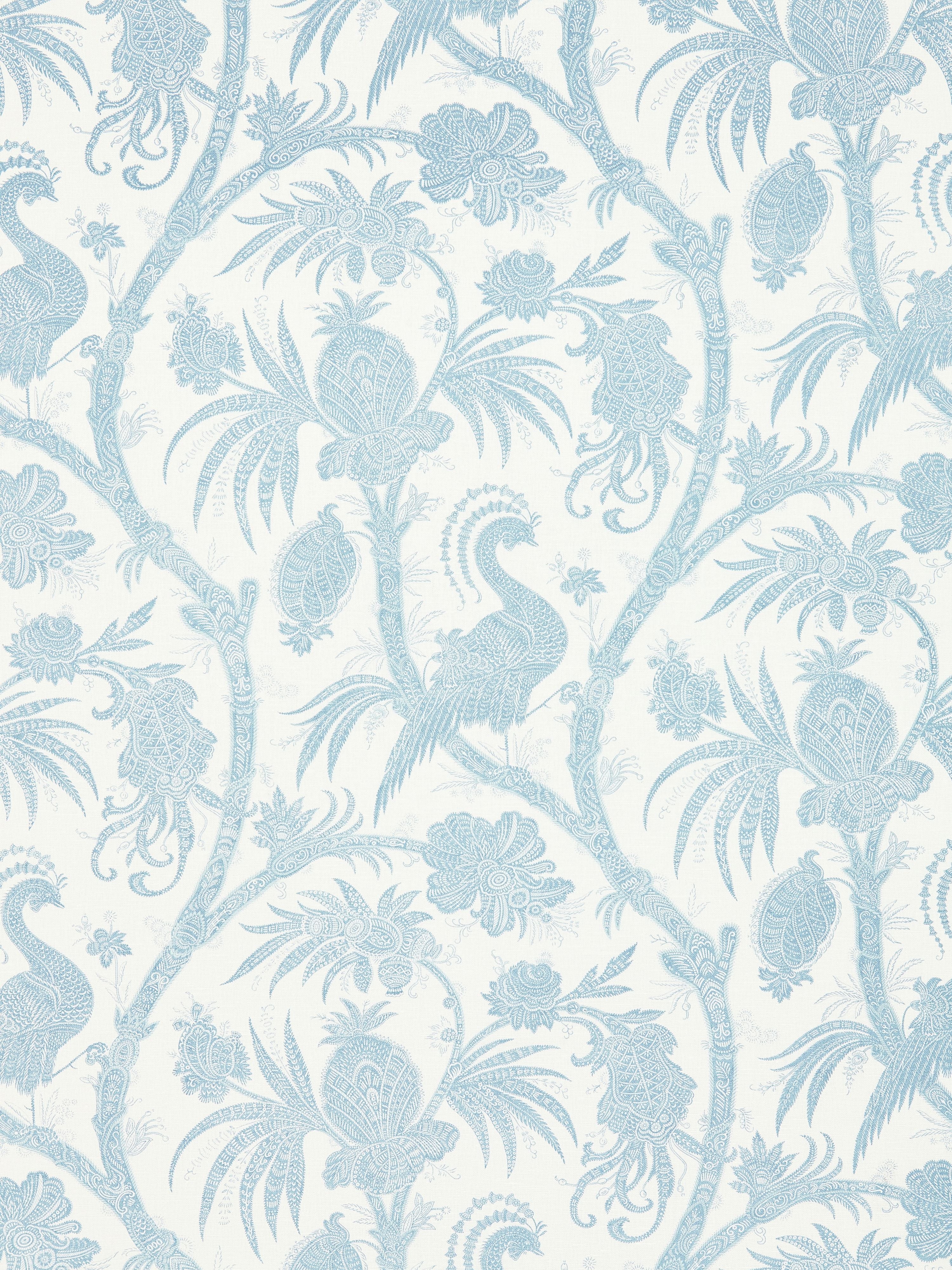 Balinese Peacock Linen Print fabric in sky color - pattern number SC 000116575 - by Scalamandre in the Scalamandre Fabrics Book 1 collection