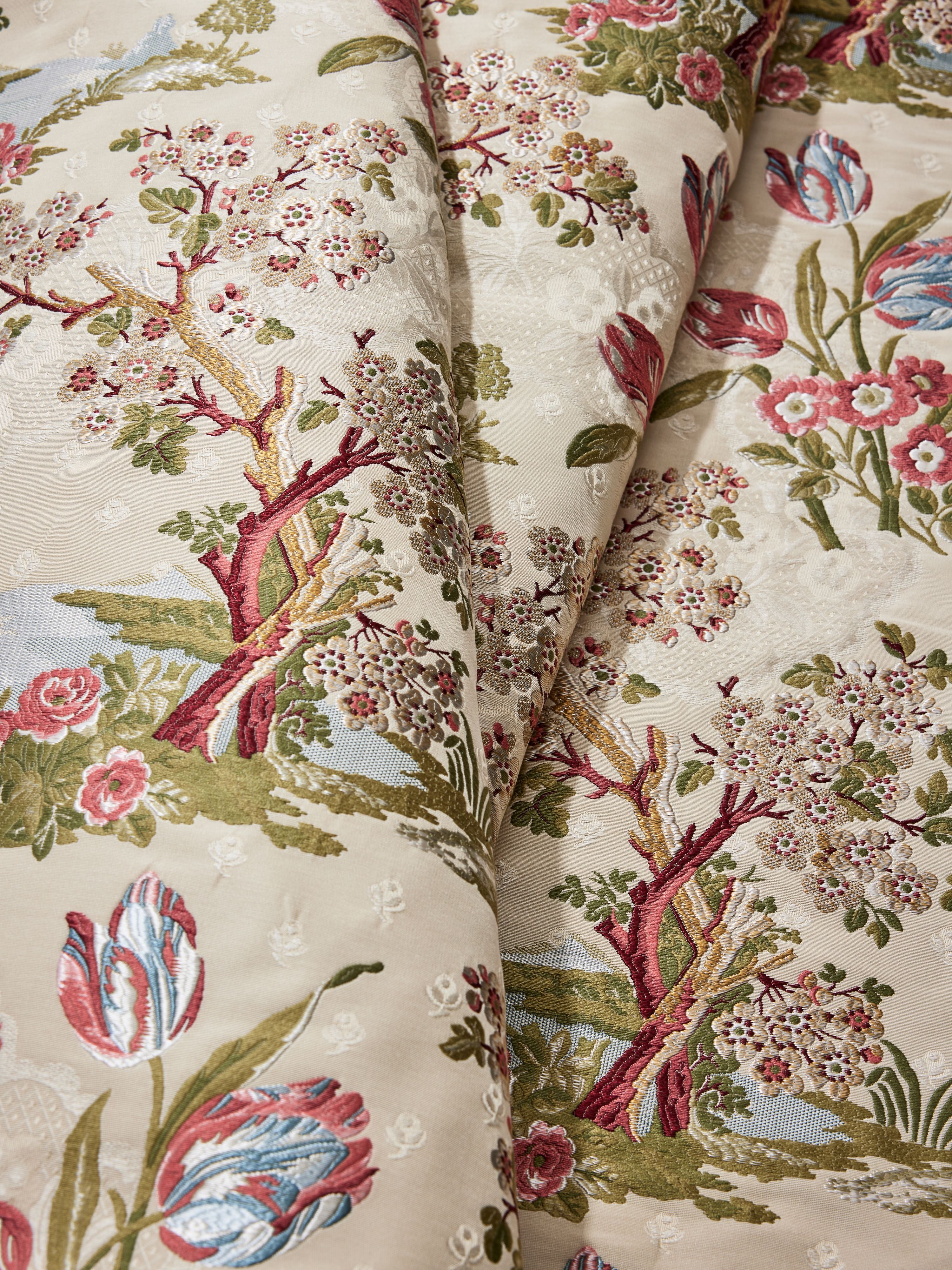 Avignon Brocade fabric in spring on ivory color - pattern number SC 000127322 - by Scalamandre in the Scalamandre Fabrics Book 1 collection