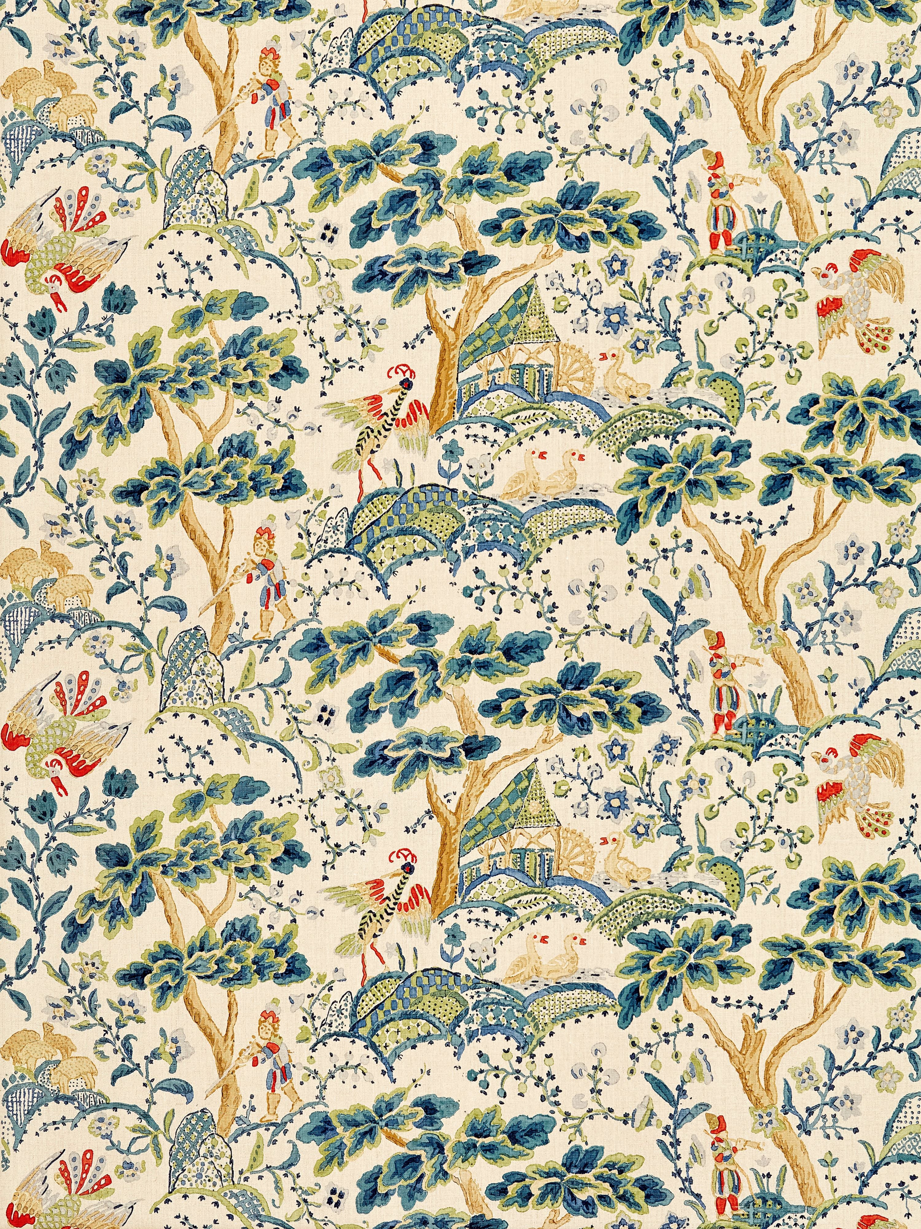 Kelmescott Hand Block Print fabric in peacock on sand color - pattern number SC 000316590 - by Scalamandre in the Scalamandre Fabrics Book 1 collection