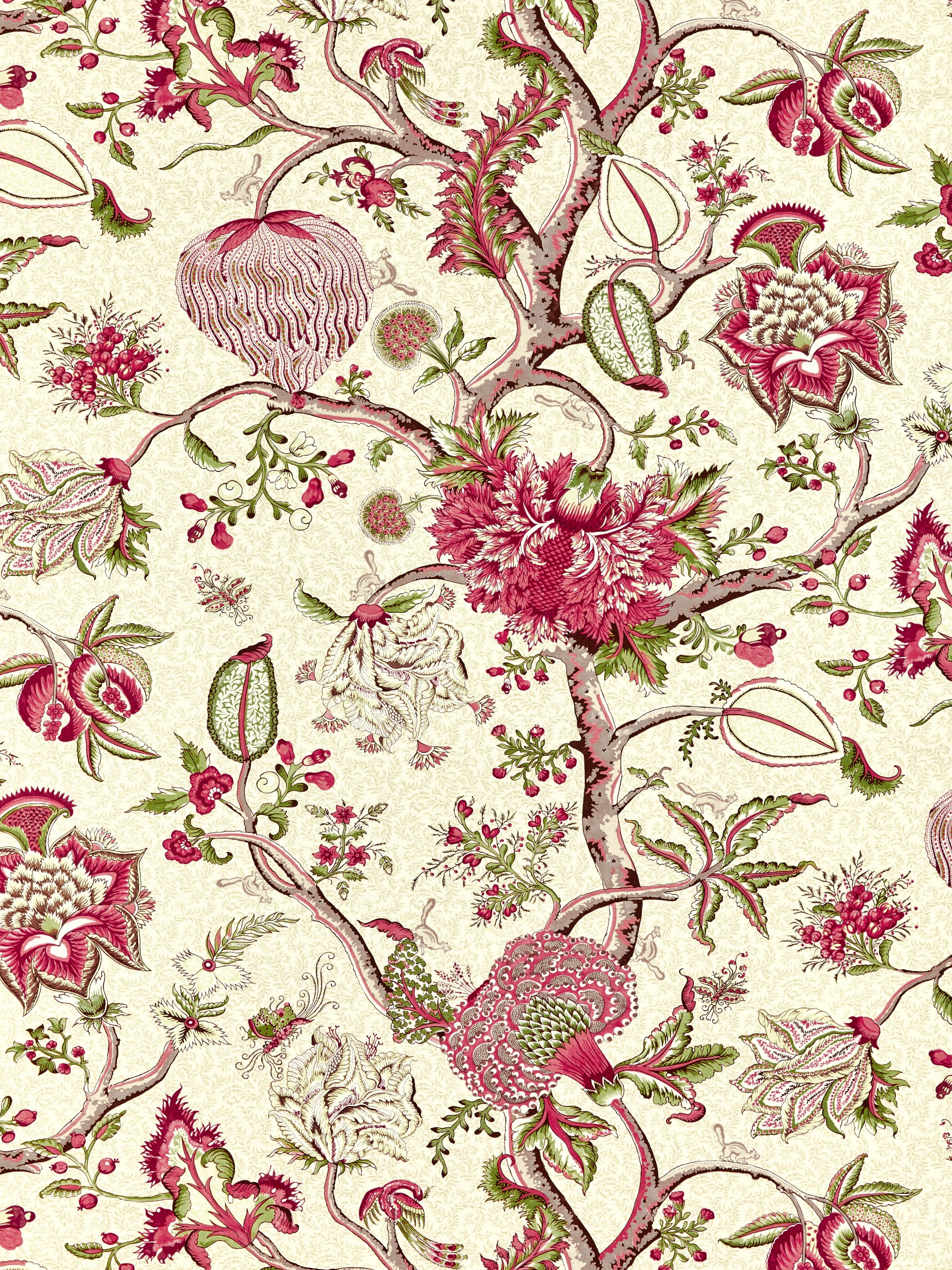 Pondicherry Cotton Print fabric in turkey red on lime color - pattern number SC000516430 - by Scalamandre in the Scalamandre Fabrics Book 2 collection
