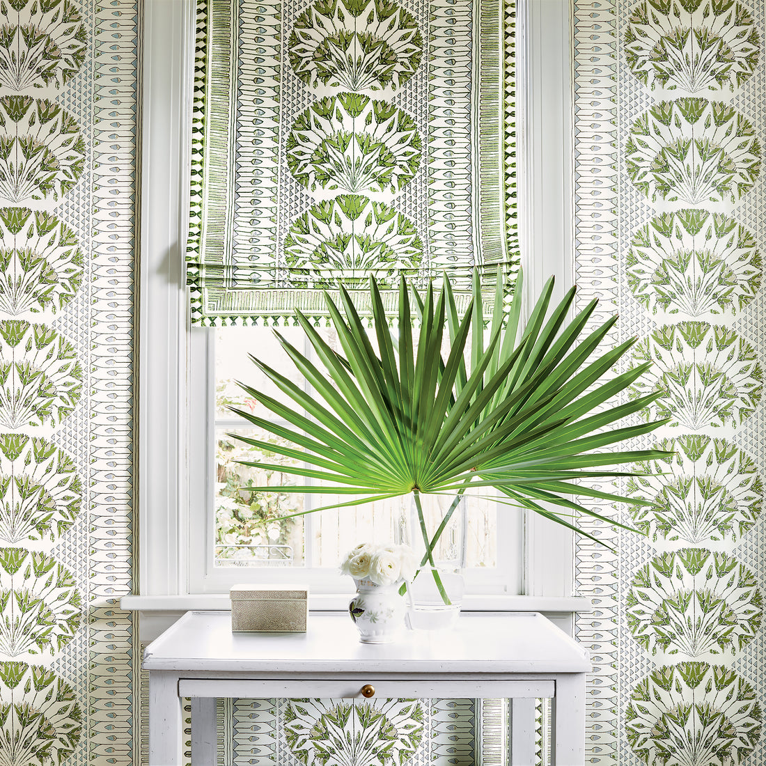 Roman shade in Cairo printed fabric in Green and White - pattern number AF9623 - by Anna French