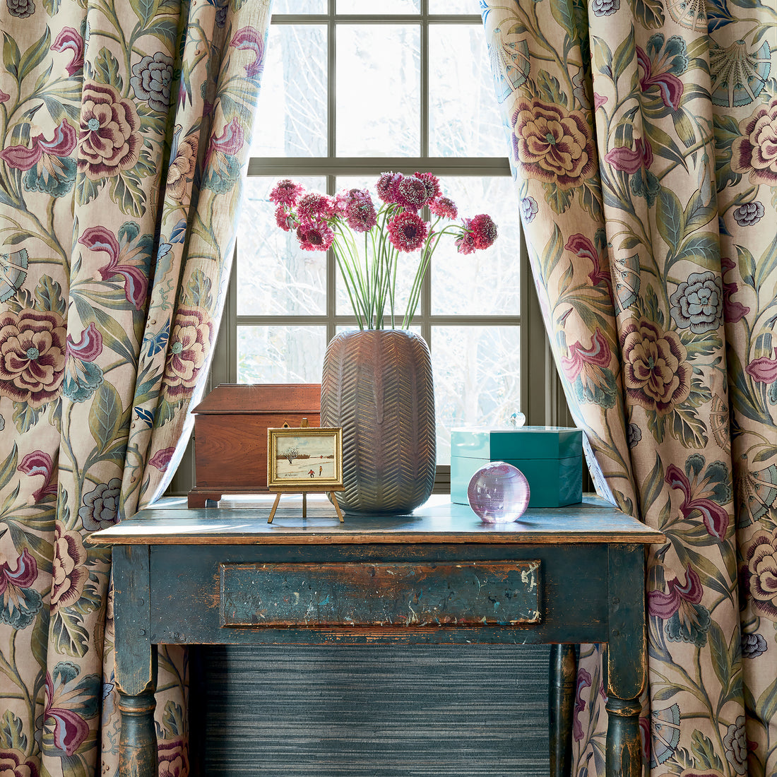 Room with draperies in Cleo fabric in plum and blue on flax color - pattern number AF9617 - by Anna French