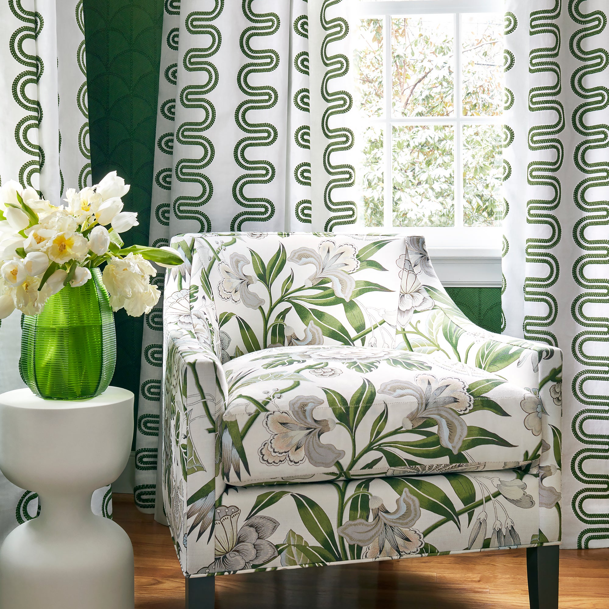 Everett Chair in Cleo printed fabric in Green and White - pattern number AF9622 - by Anna French