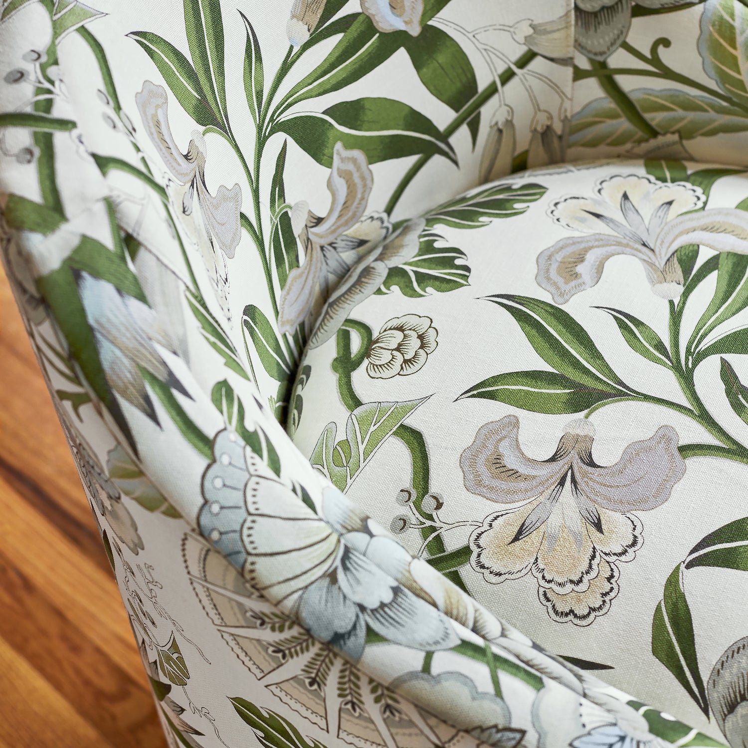 Detail of Everett Chair in Cleo printed fabric in Green and White - pattern number AF9622 - by Anna French