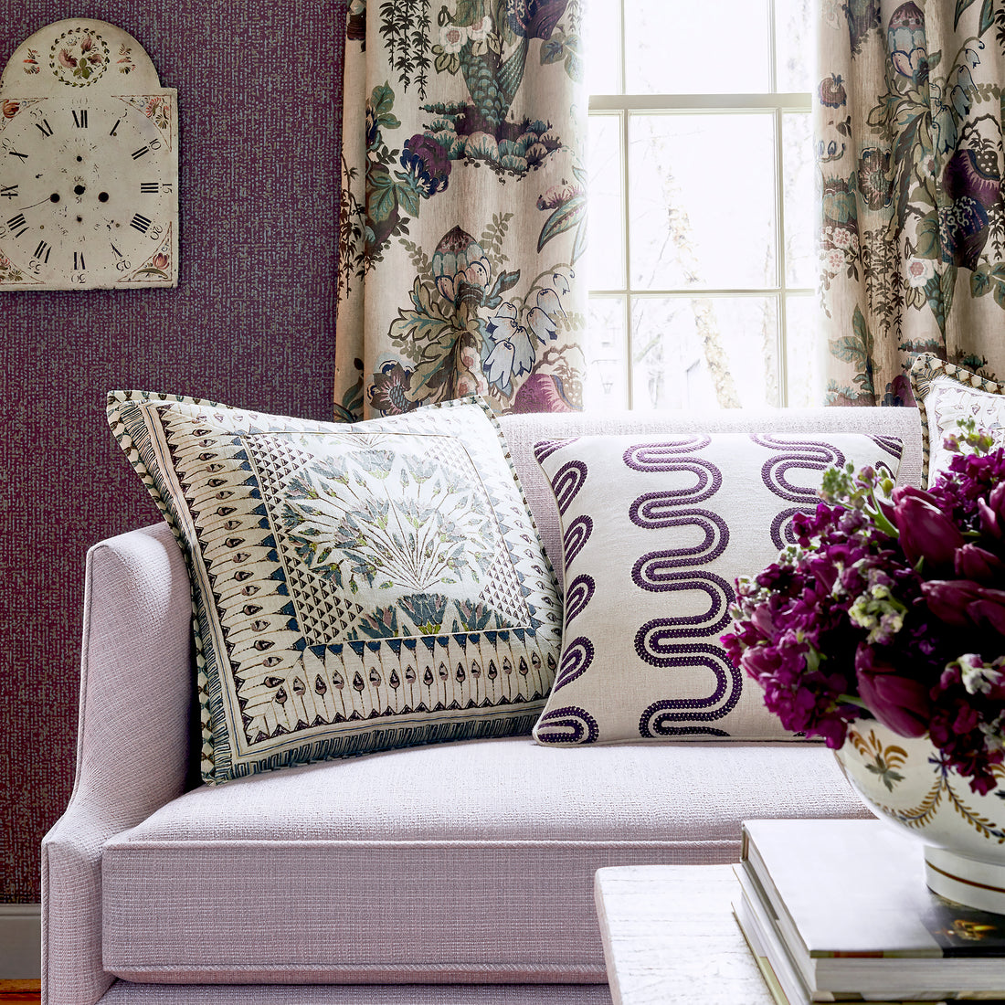 Drapery in Fairbanks printed fabric in Plum - pattern number AF9641 - by Anna French