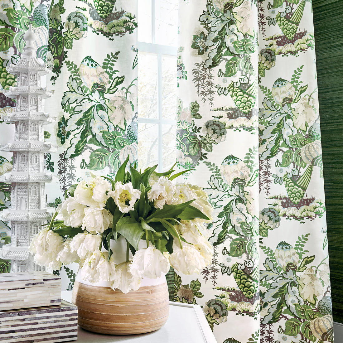 Drapery in Fairbanks printed fabric in Green and White - pattern number AF9647 - by Anna French in the Savoy collection