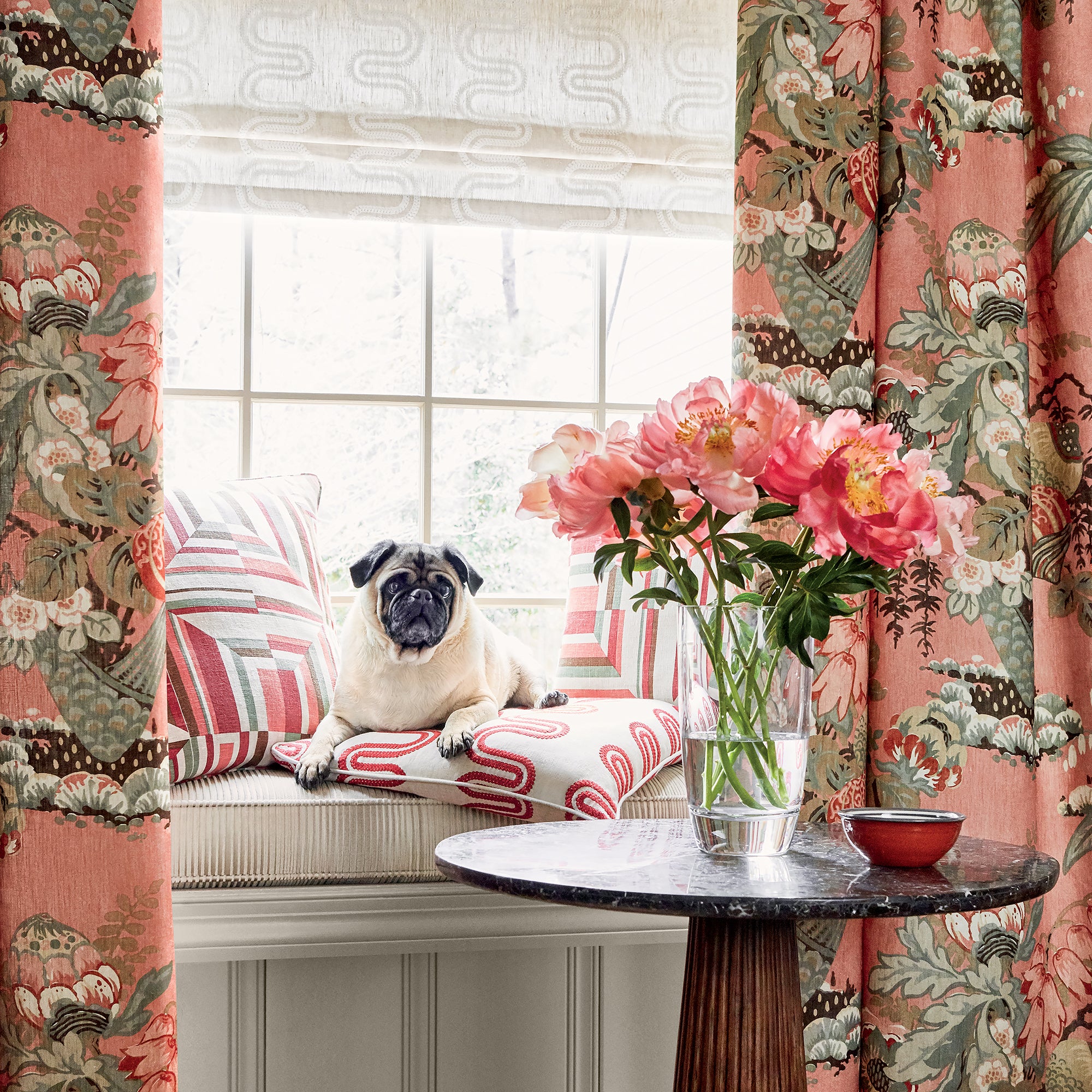 Room with Draperies in Fairbanks printed fabric in Salmon - pattern number AF9645 - by Anna French