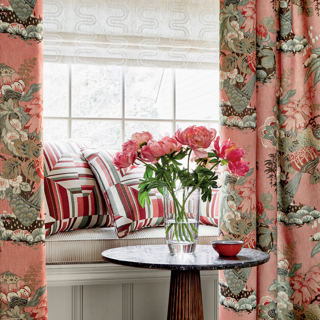 Drapery in Fairbanks printed fabric in Salmon - pattern number AF9645 - by Anna French in the Savoy collection