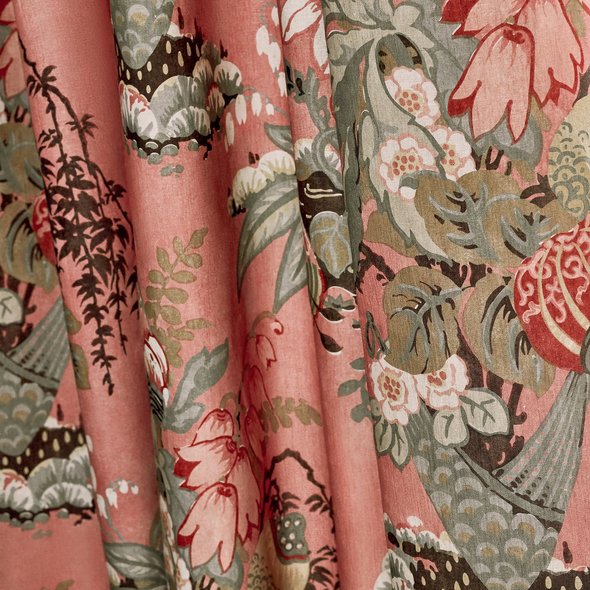 Detail of Drapery in Fairbanks printed fabric in Salmon - pattern number AF9645 - by Anna French