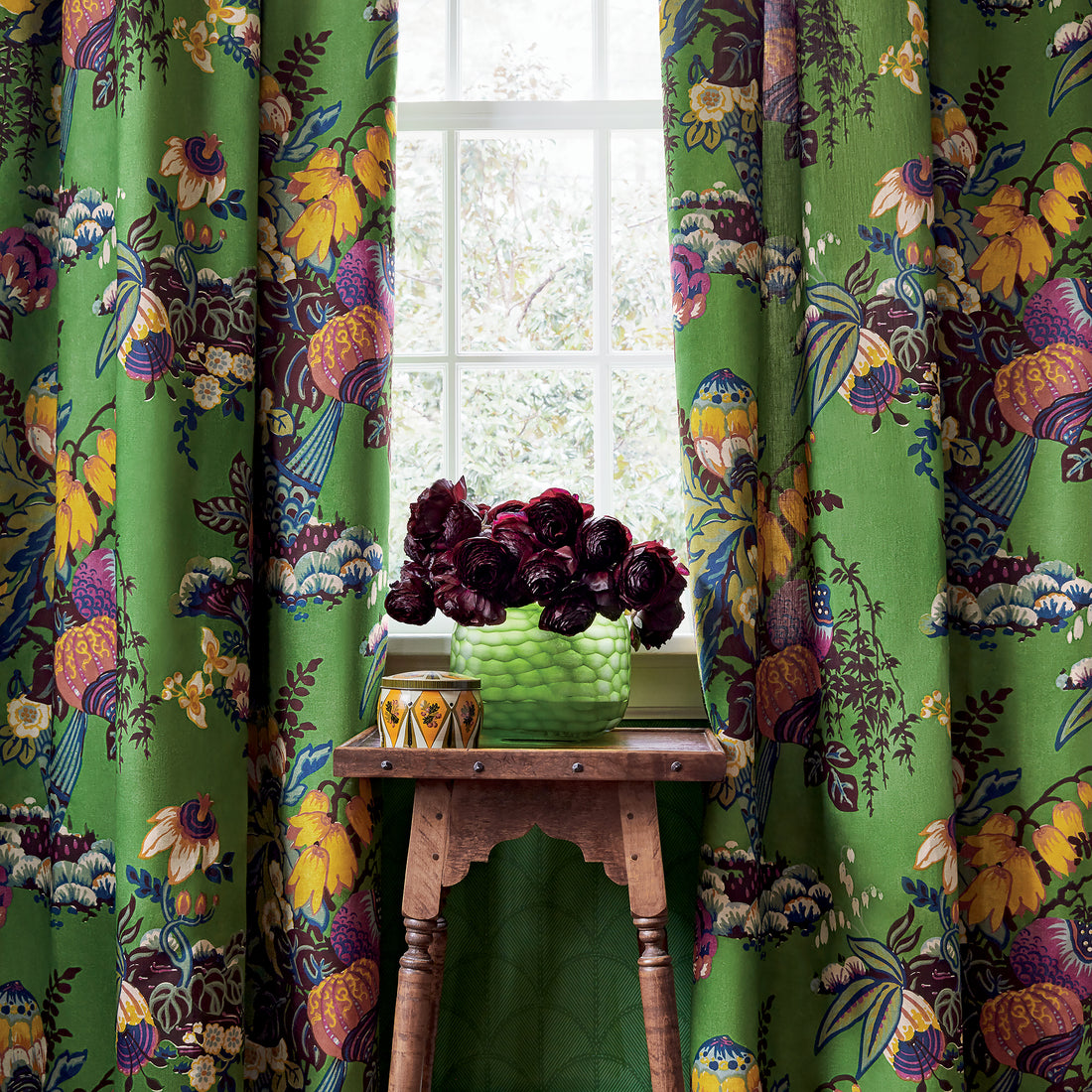 Draperies in Fairbanks fabric in green color - pattern number AF9644 - by Anna French