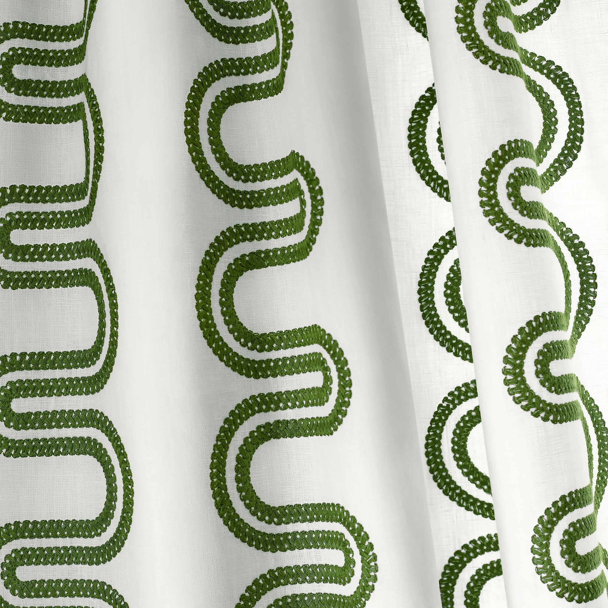 Detail of Drapery in Herriot Way Embroidery in Green and White - pattern number AF9635 - by Anna French