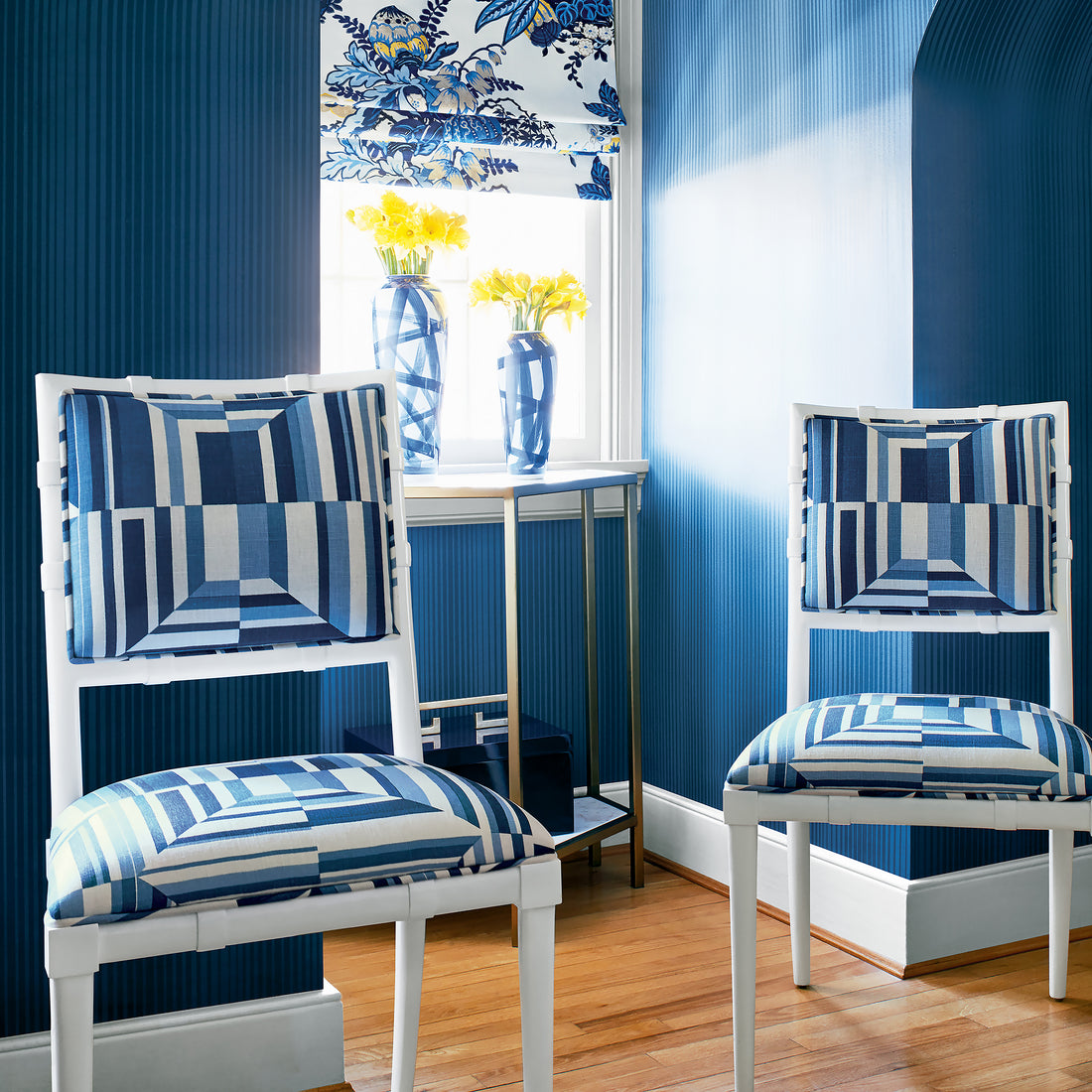 Greenwich Dining Chairs in Cubism printed fabric in Navy on White - pattern number AF9654 - by Anna French
