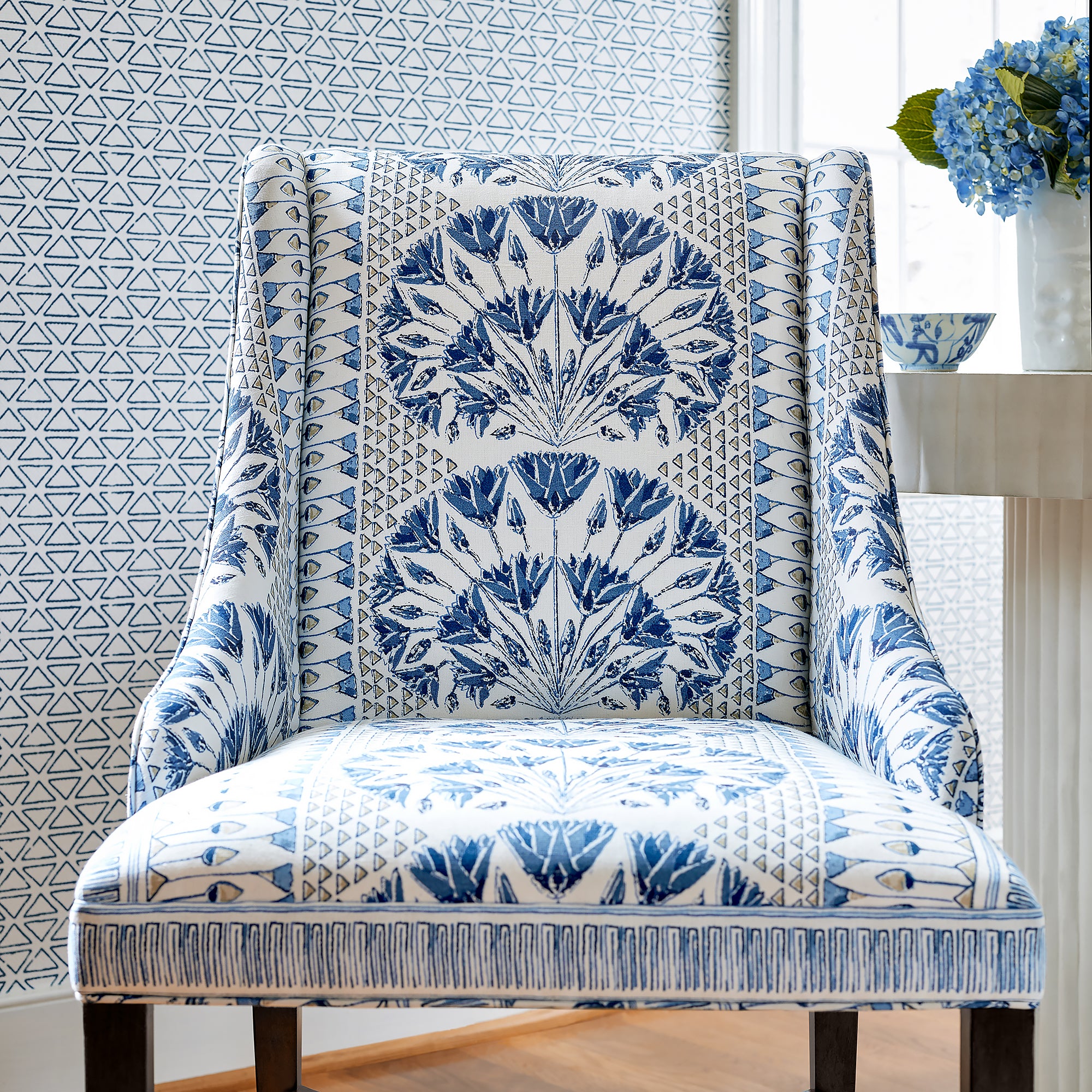 Hayden Dining Chair in Cairo printed fabric in Blue & White - pattern number AF9624 - by Anna French in the Savoy collection