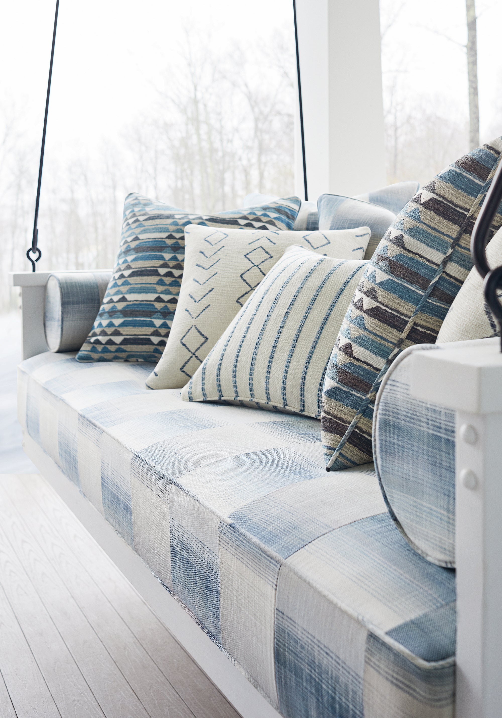 Swing cushion and pillows in Thibaut Big Sky woven fabric in Waterfall color pattern number W78322