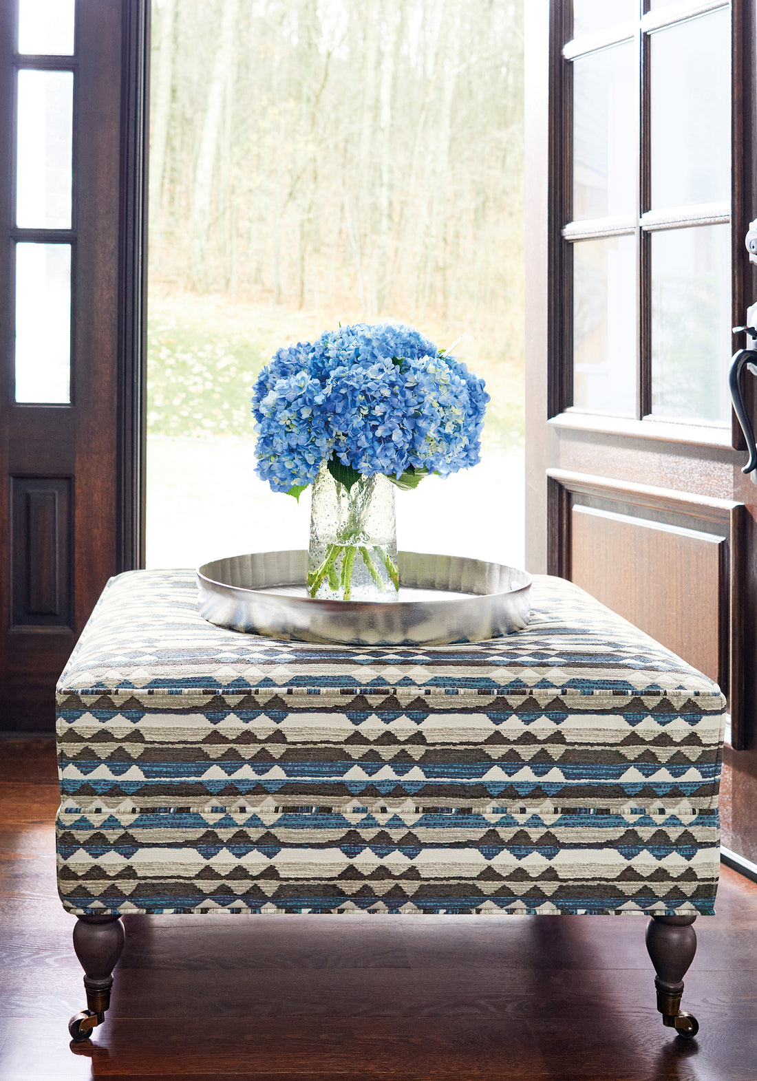 Stratford Ottoman in Saranac woven fabric in Midnight color - pattern number W78380 - by Thibaut fabric in the Sierra collection