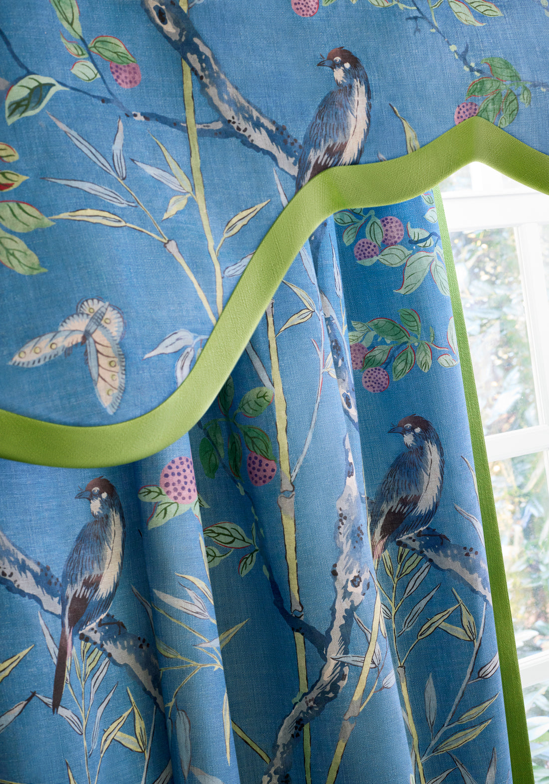 Drapery curtains made with Thibaut claire printed fabric in Navy color pattern F942008