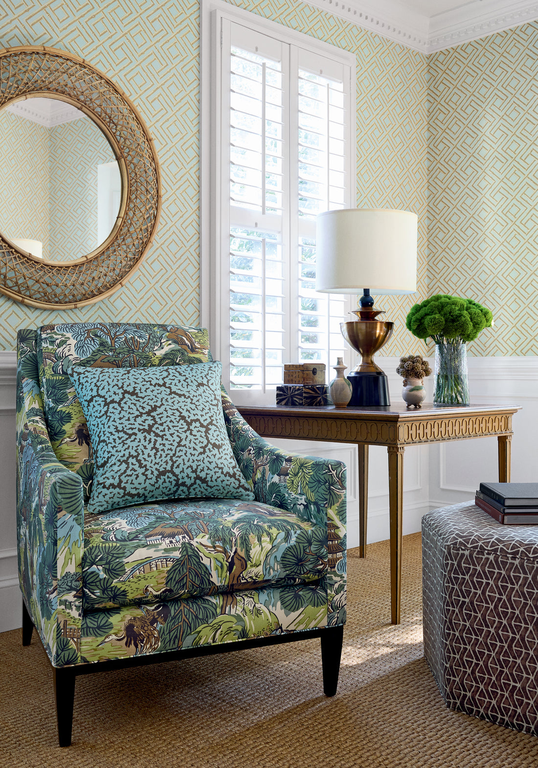 Carson Chair in Pagoda Trees printed fabric in Brown and Green color - pattern number F942025 - by Thibaut in the Sojourn collection